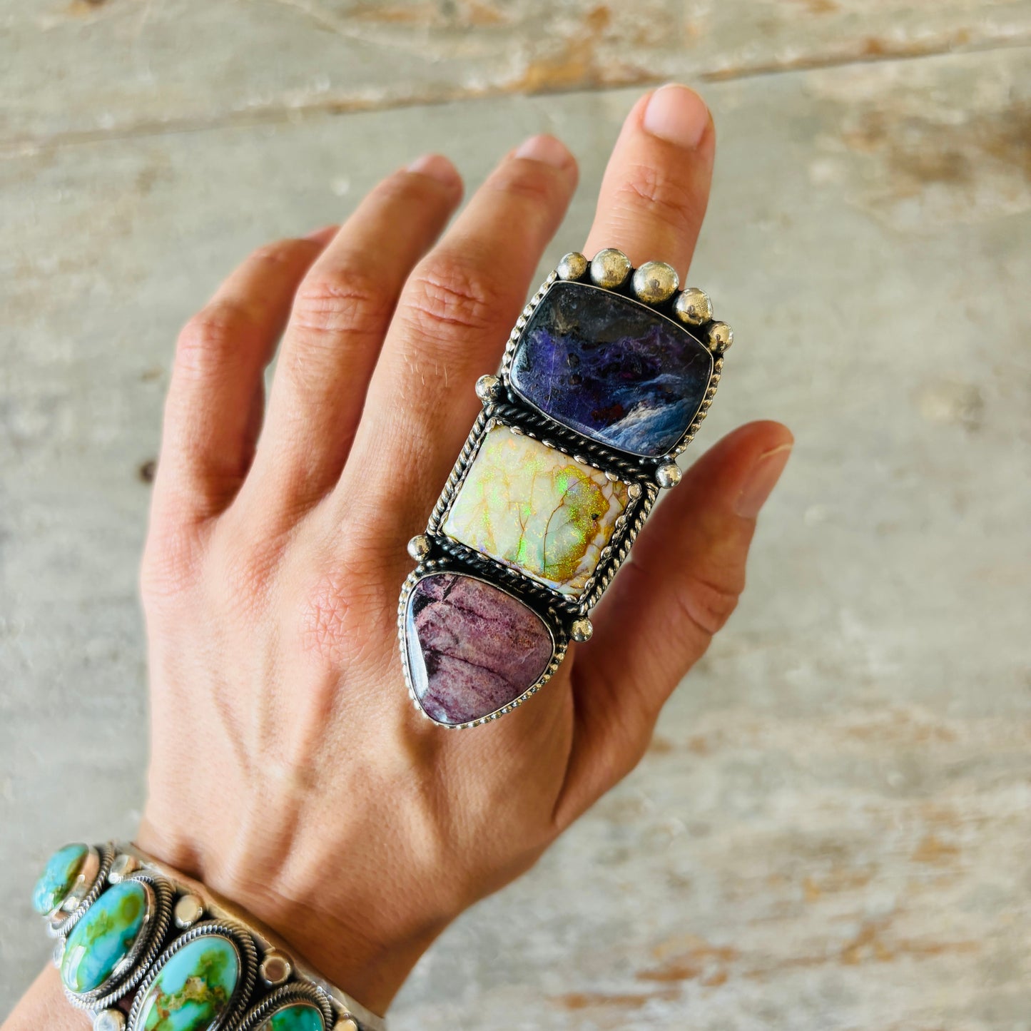Navajo Hemerson Brown Sterling Silver - Sugilite & Lab Opal Statement Ring