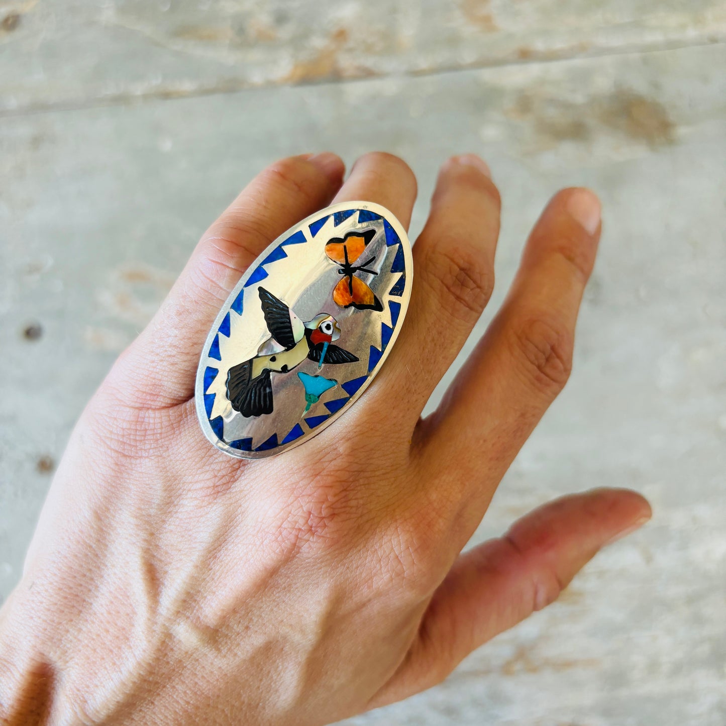 Zuni Q Quam Sterling Silver Hummingbird Inlay Ring