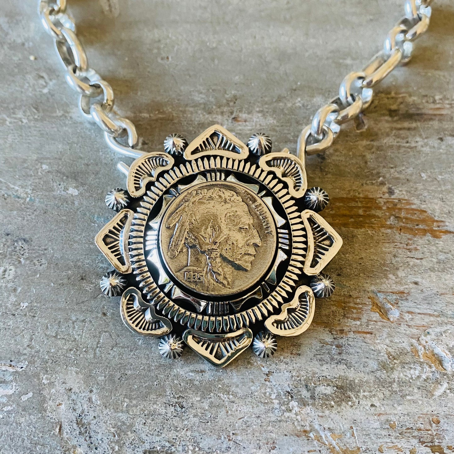 Navajo Eddie Secatero Sterling Silver Indian Head Nickel Statement Necklace