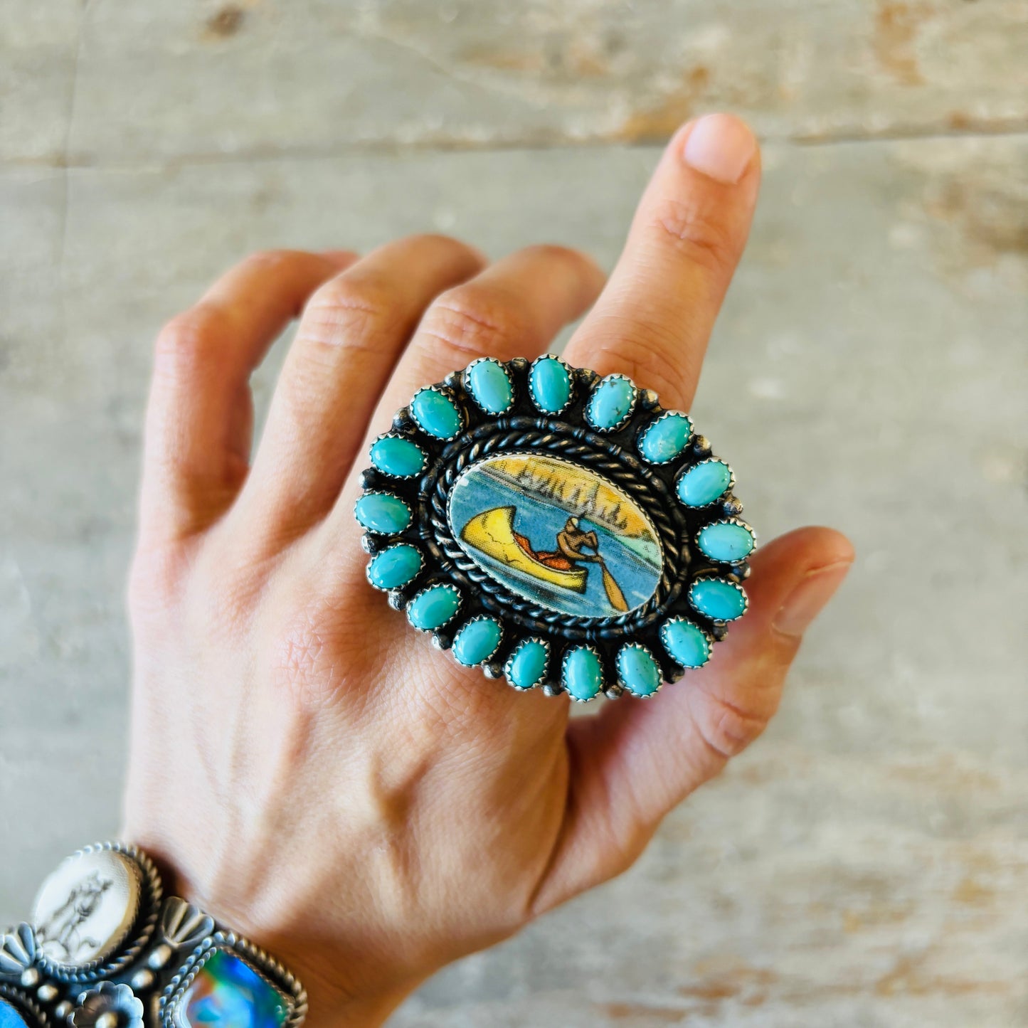 Navajo Kindale Billah Sterling Silver & Campitos Turquoise Canoe Ring