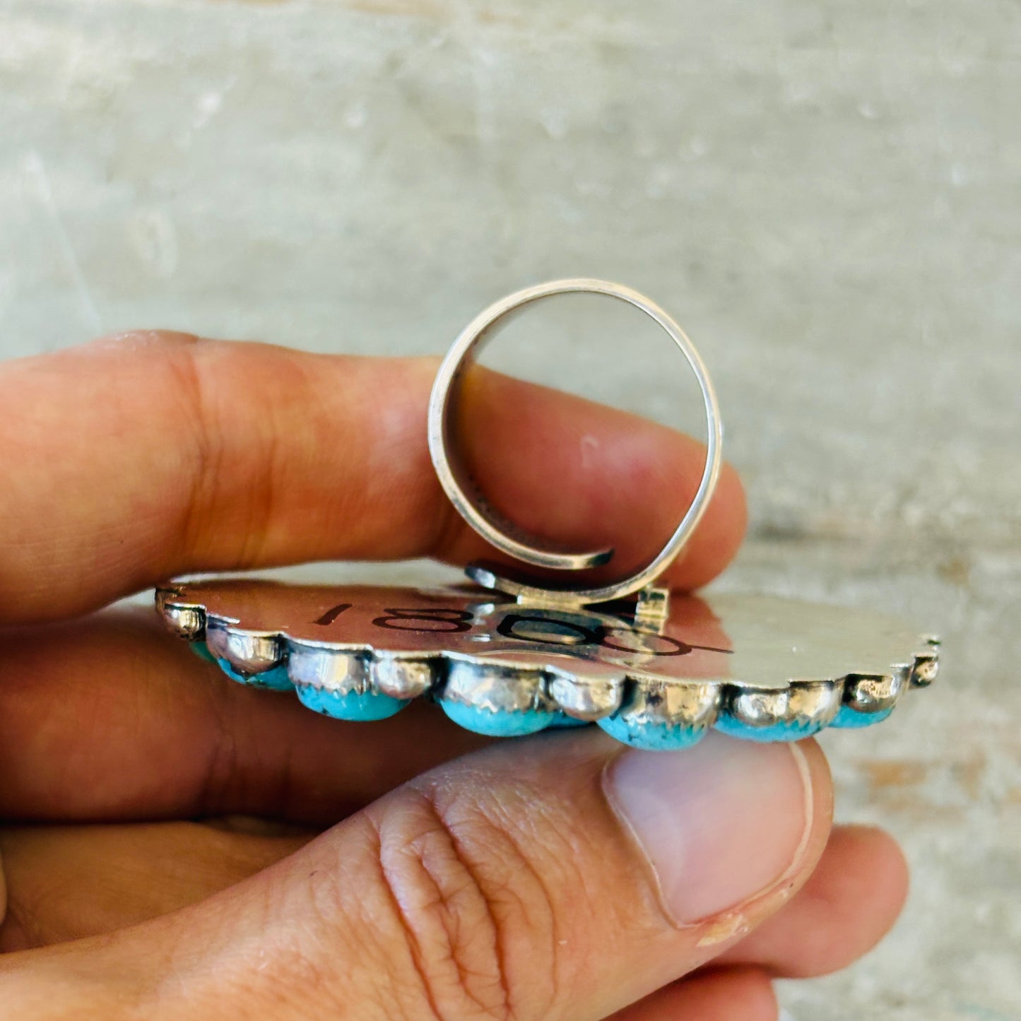 Navajo Hemerson Brown Sterling Silver & Kingman Turquoise Cluster Ring