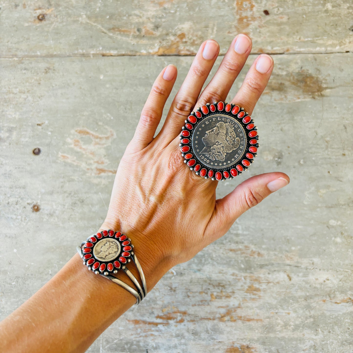 Navajo Darrin Livingston Sterling Silver & Red Coral Coin Cuff