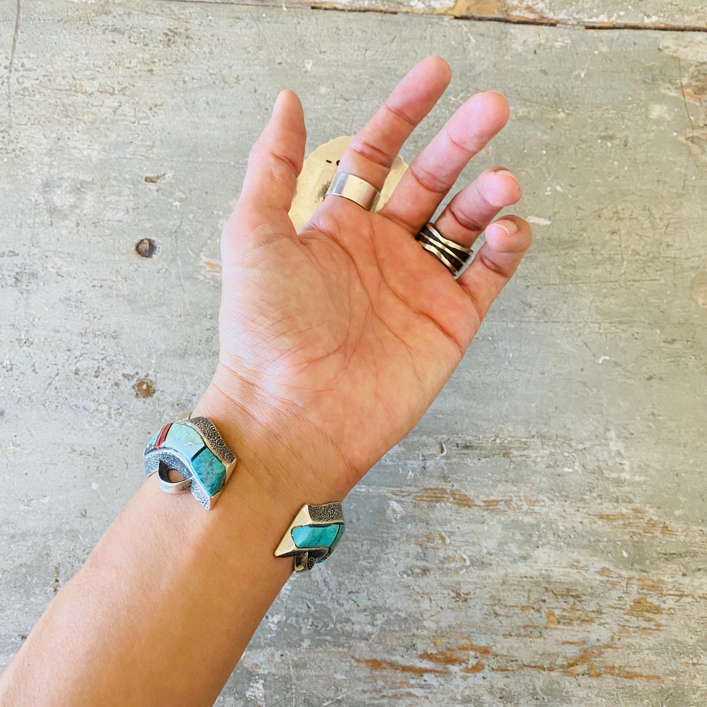 Navajo Lester James & Aaron Anderson Sterling Silver Multi Stone Tufa Cast Cuff