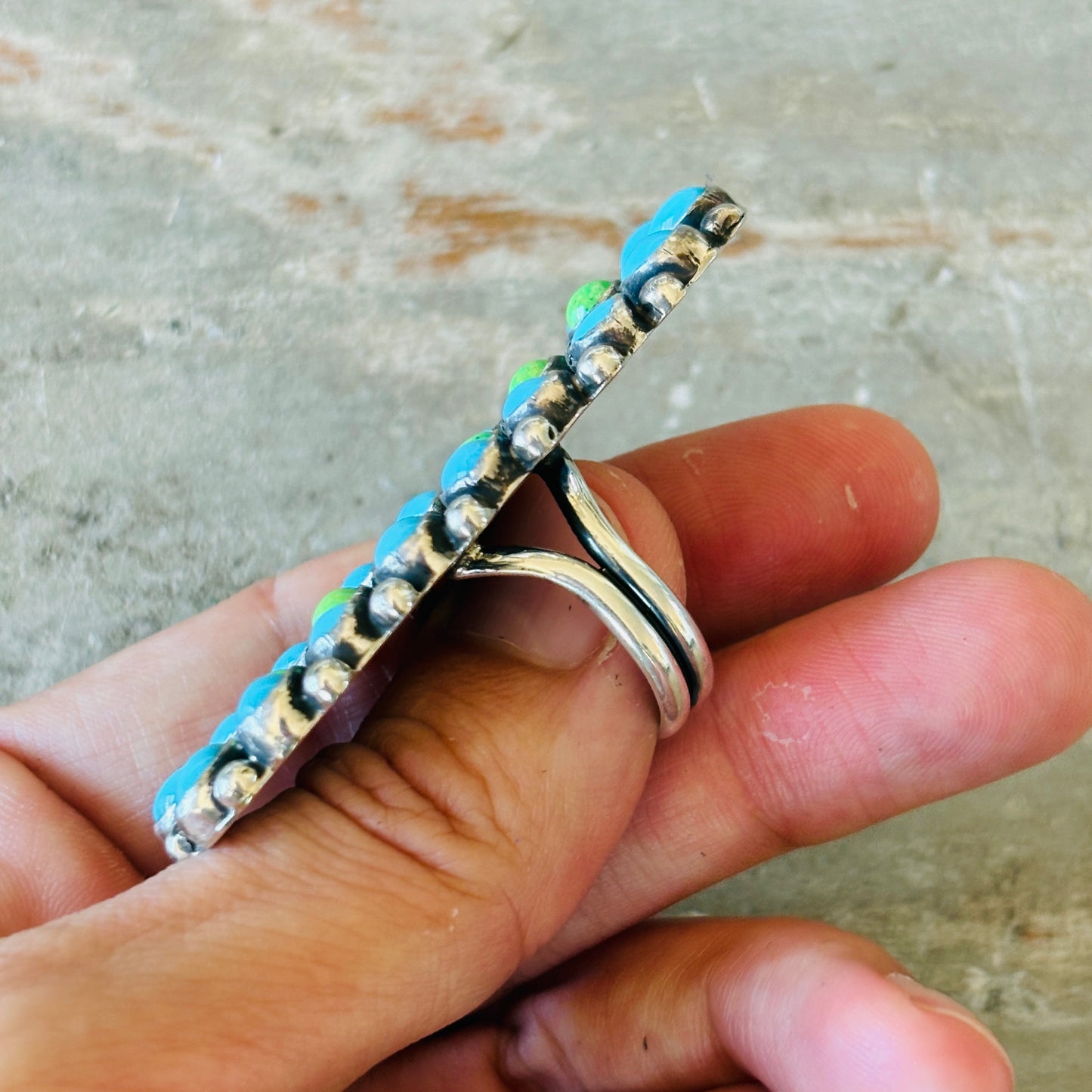 Navajo Hemerson Brown Sterling Silver - Green Mojave & Kingman Turquoise Cluster Ring