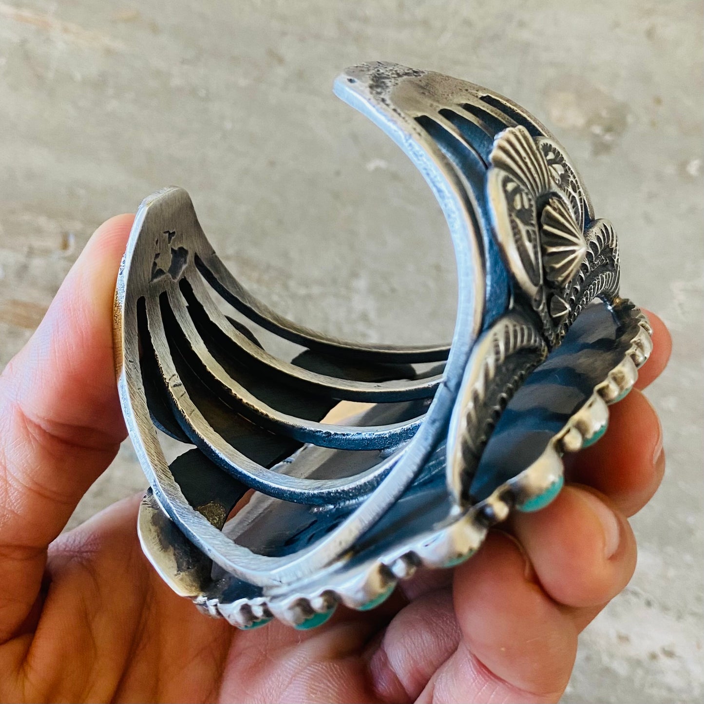 Navajo Kindale Billah Sterling Silver & Kingman Turquoise Cluster Statement Cuff