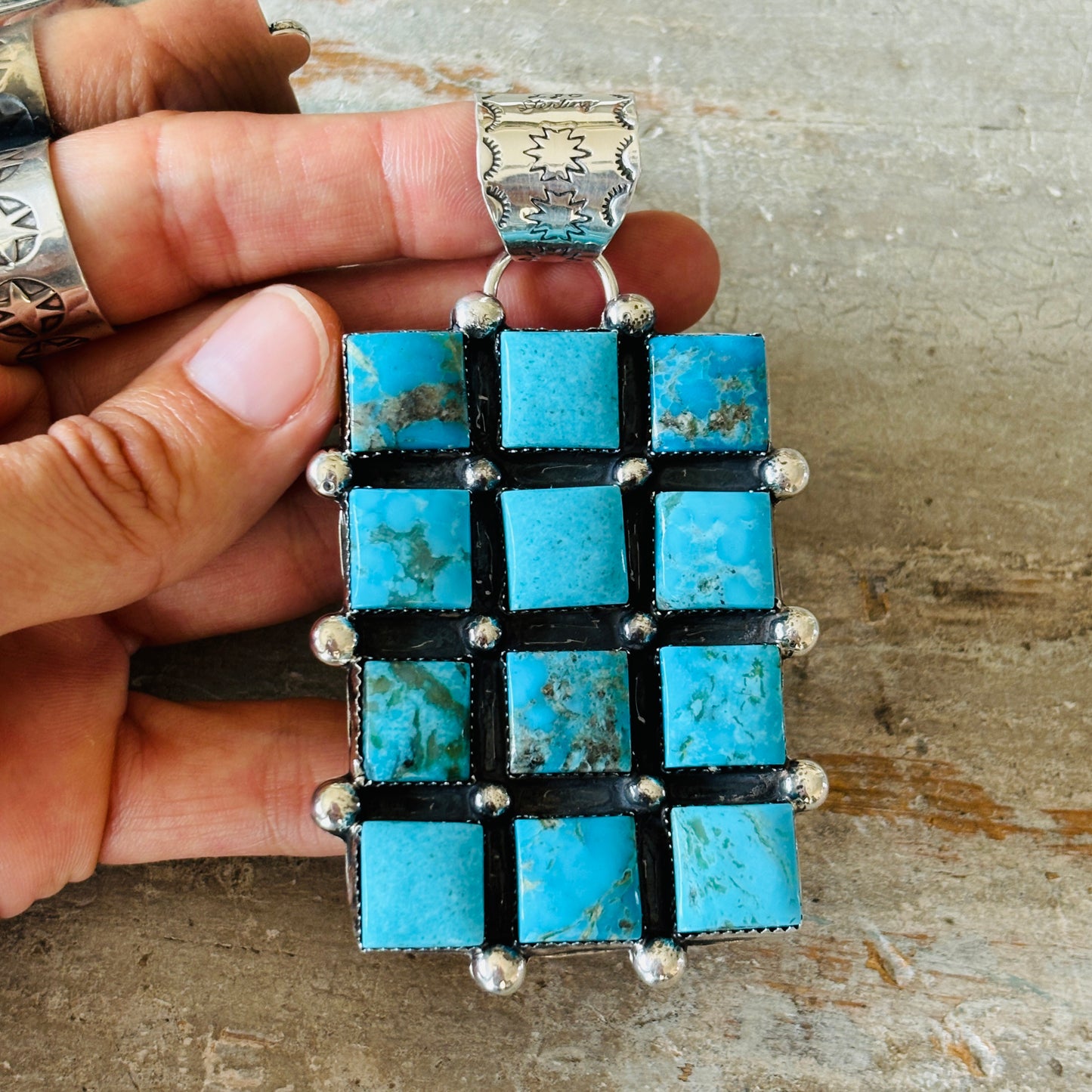 Navajo Lorenzo & Jerilyn Chee Sterling Silver & Kingman Turquoise Statement Pendant