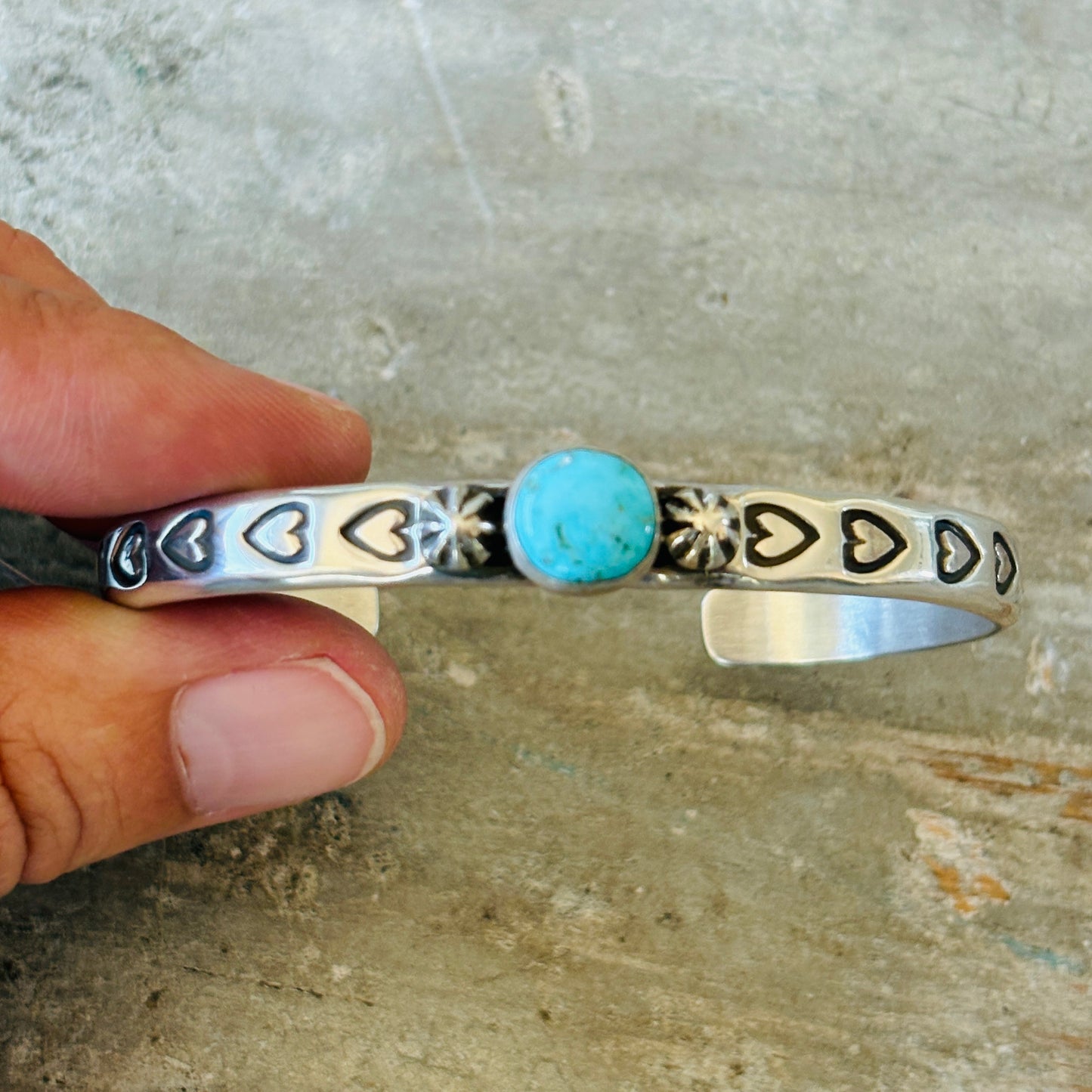Navajo Darrell Cadman Sterling Silver & Lone Mountain Turquoise Hearts Stacker Cuff