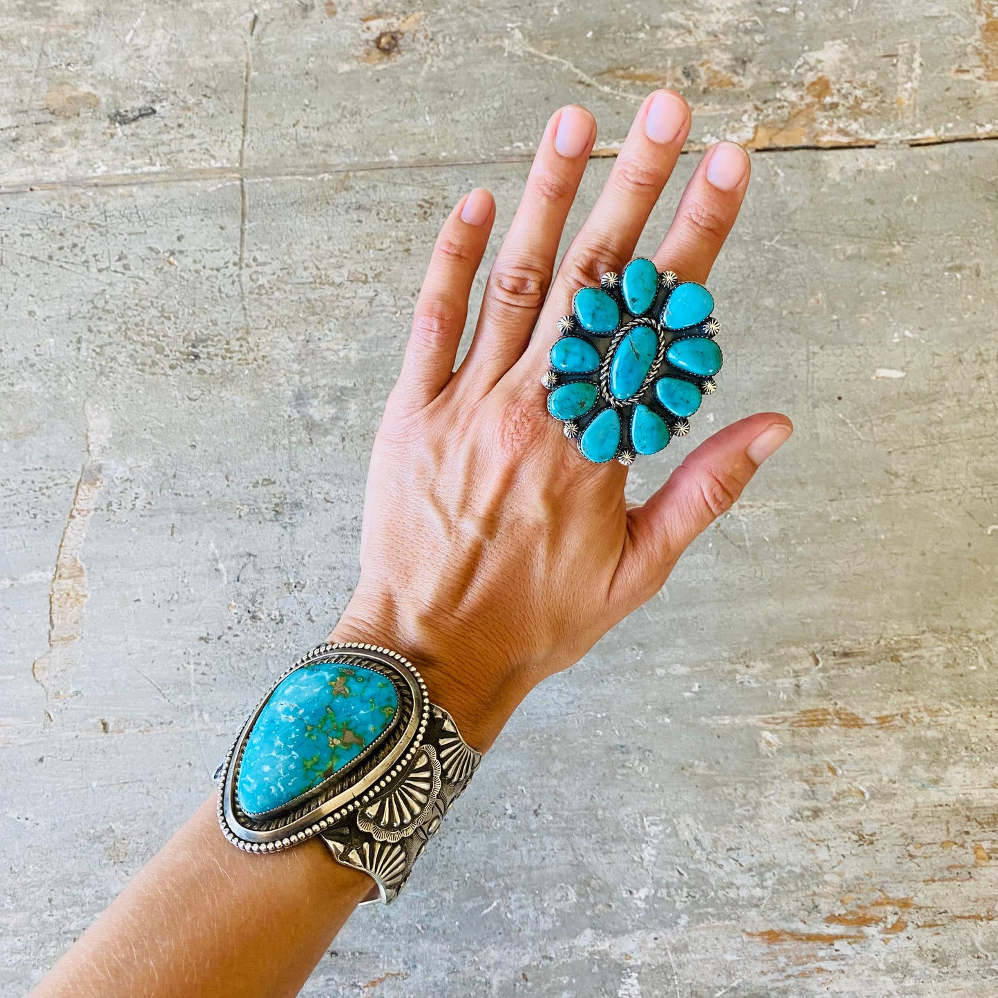 Navajo Lorenzo Jerilyn Chee Sterling Silver & Kingman Turquoise Cluster Ring