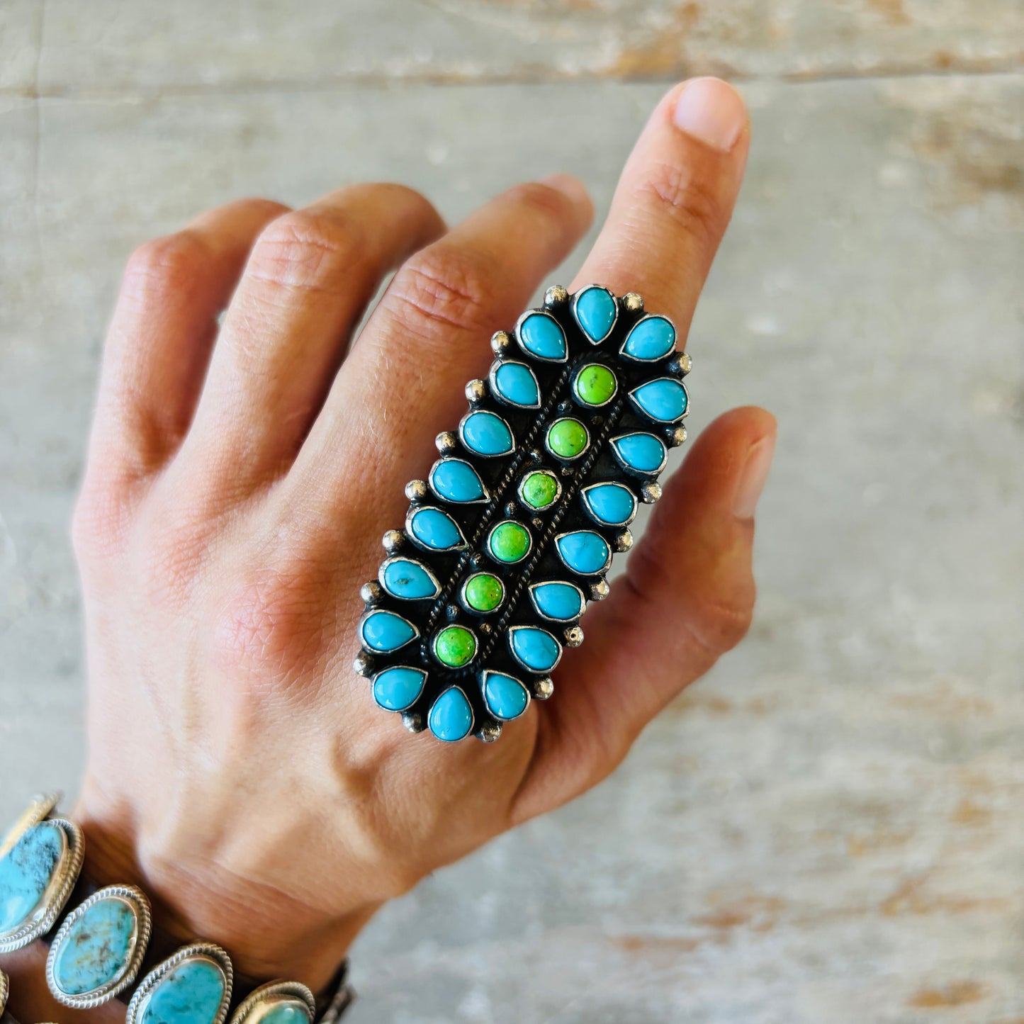 Navajo Hemerson Brown Sterling Silver - Green Mojave & Kingman Turquoise Cluster Ring
