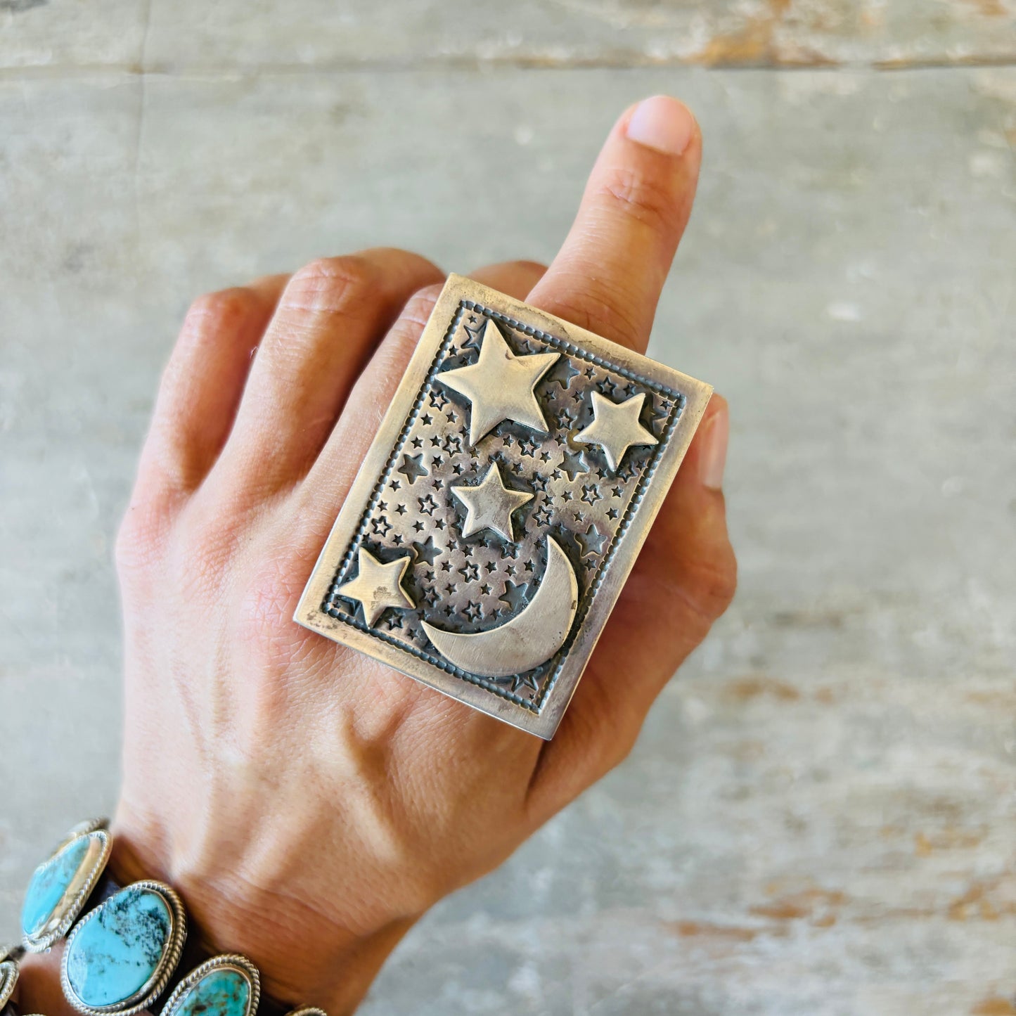 Navajo Derrick Cadman Sterling Silver Moon & Stars Ring
