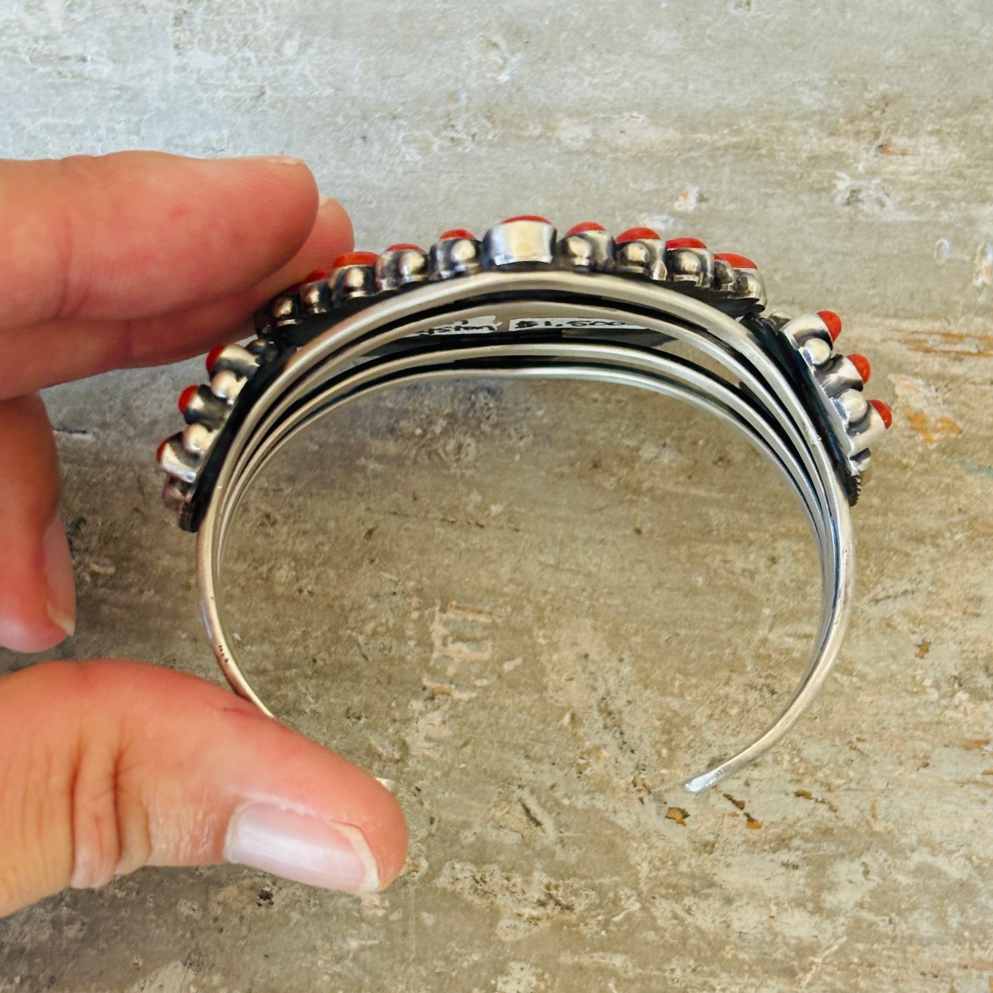 Navajo Darrin Livingston Sterling Silver & Red Coral Coin Cuff