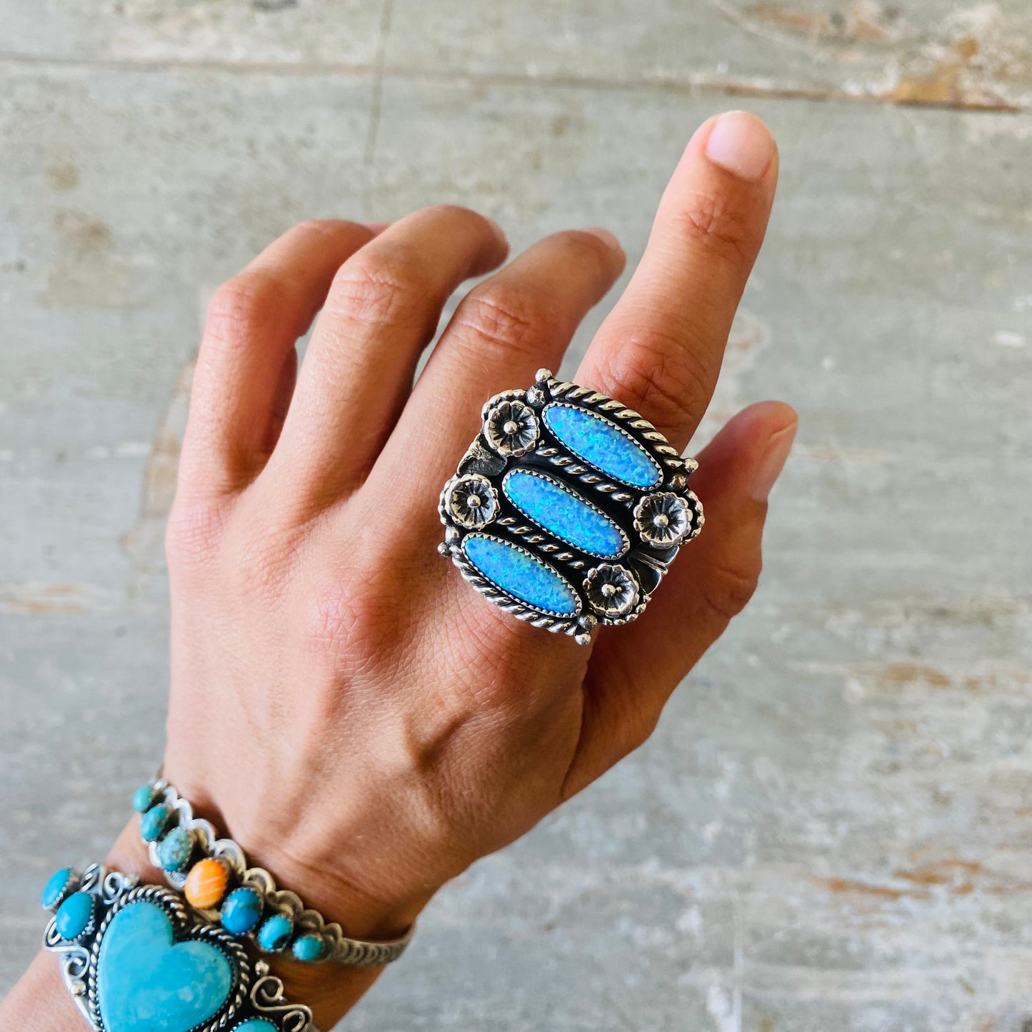 Navajo Kindale Billah Sterling Silver & Blue Lab Opal Floral Ring