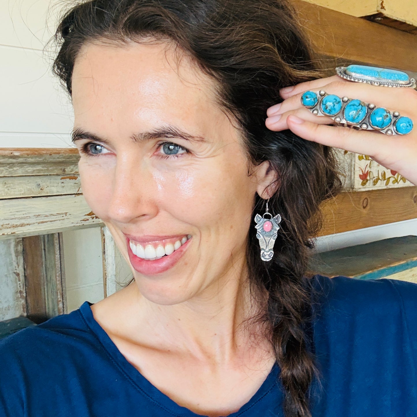 Navajo Kindale Billah Sterling Silver & Pink Conch Horse Earrings
