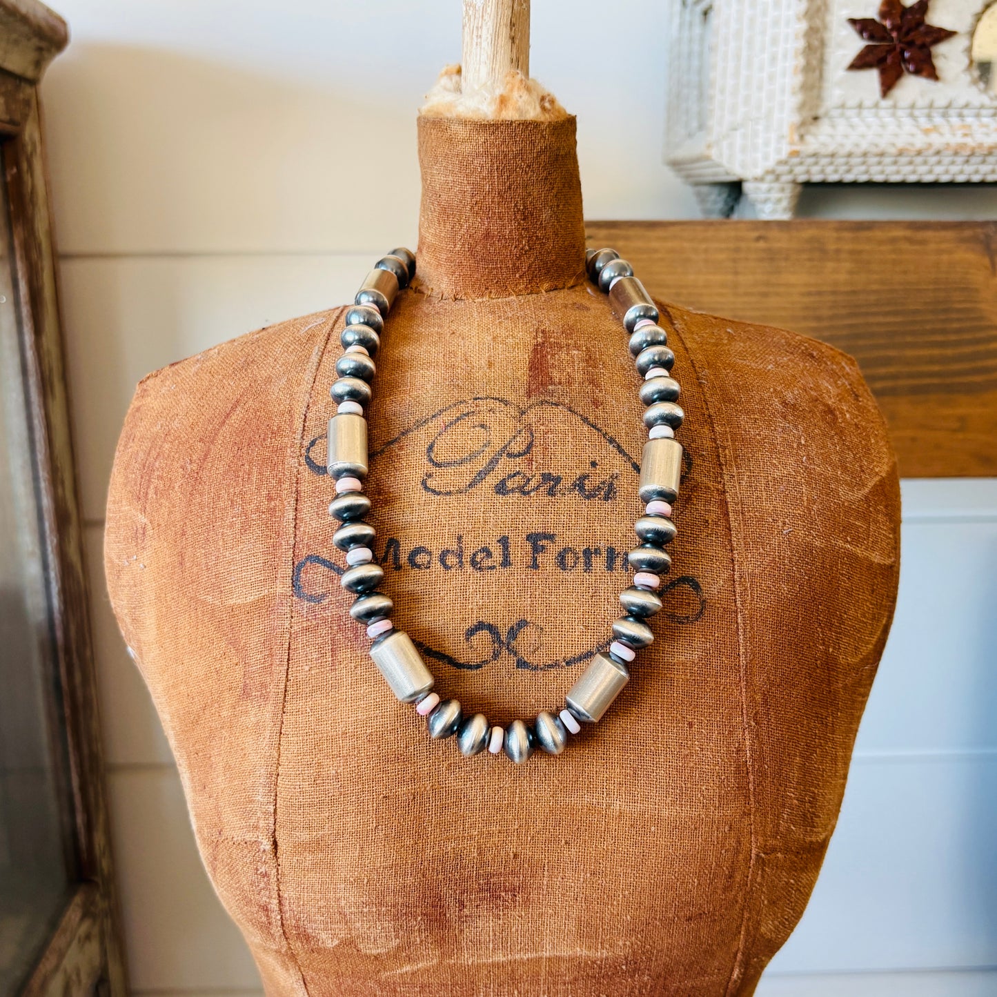 Navajo Tonisha Haley Sterling Silver 10mm Handmade Pink Conch - Saucer - Tube Beads Pearl Necklace