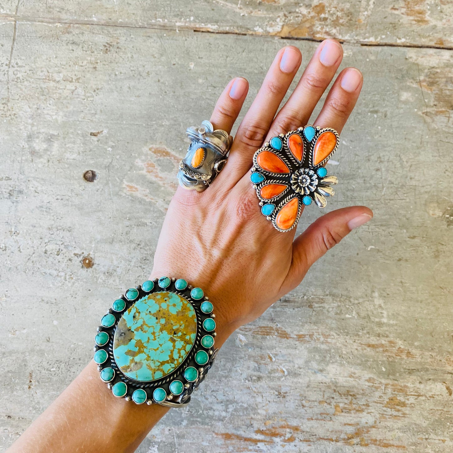 Navajo Kindale Billah Sterling Silver & Kingman Turquoise Cluster Floral Statement Cuff