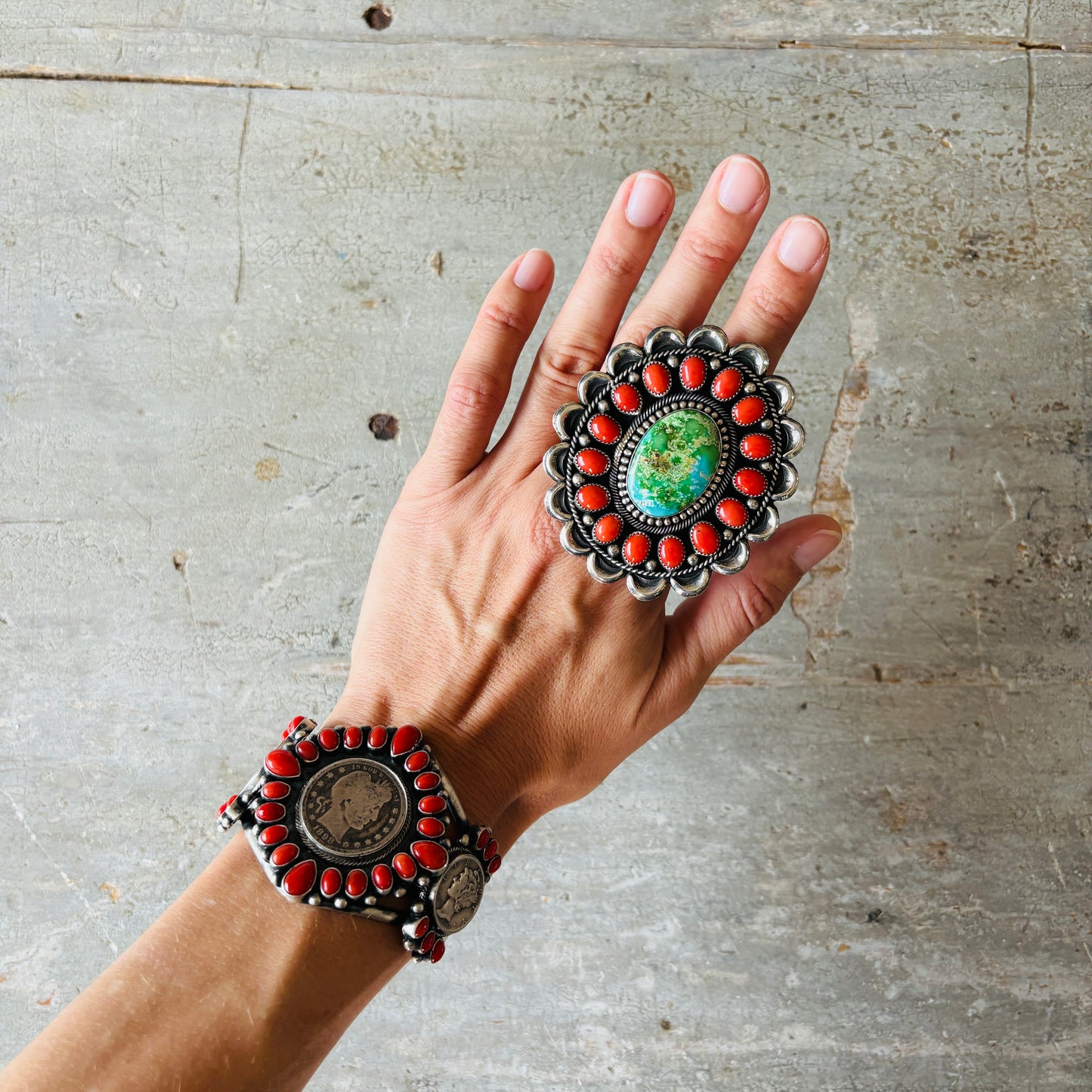 Navajo Hemerson Brown Sterling Silver - Red Coral & Sonoran Turquoise Cluster Ring