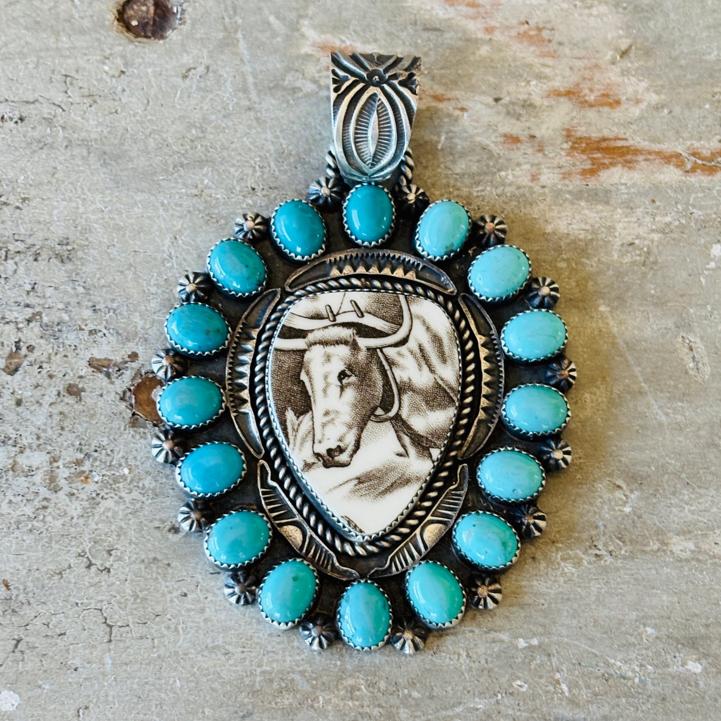 Navajo Kindale Billah Sterling Silver & Campitos Turquoise Steer Pendant