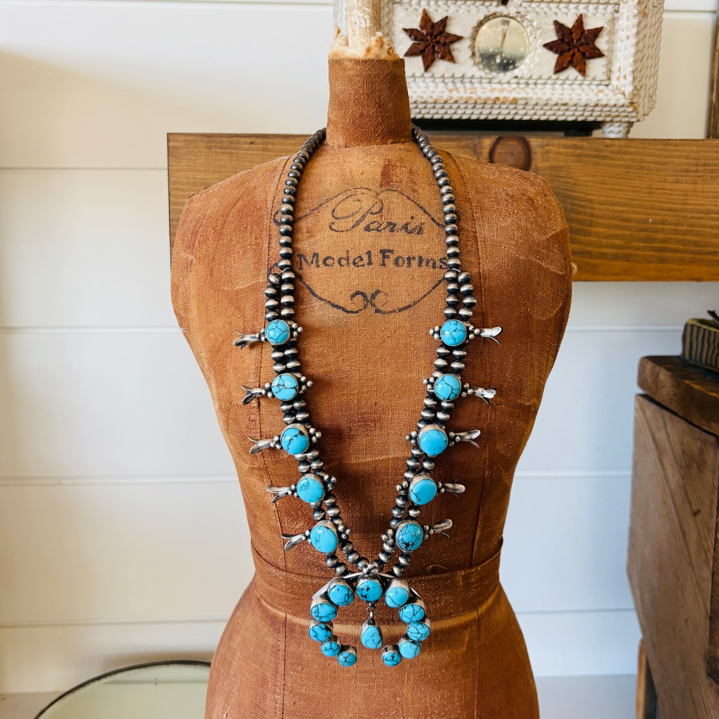 Navajo Lydia Begay Sterling Silver & Egyptian Turquoise Squash Blossom Necklace