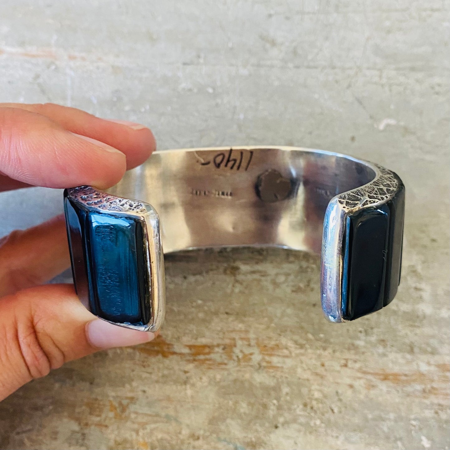 Navajo Lester James Sterling Silver & Multi Stone Tufa Cast Cuff