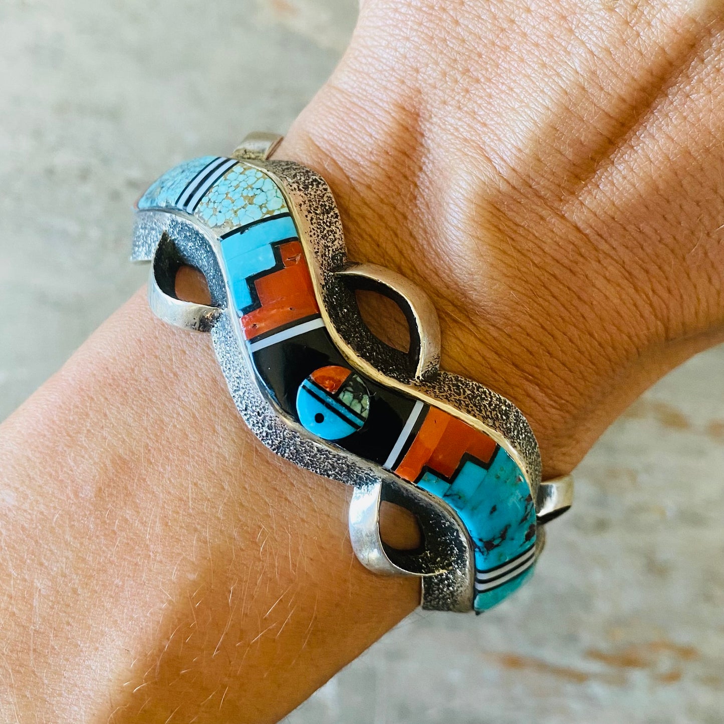 Navajo Lester James & Aaron Anderson Sterling Silver Multi Stone Tufa Cast Cuff