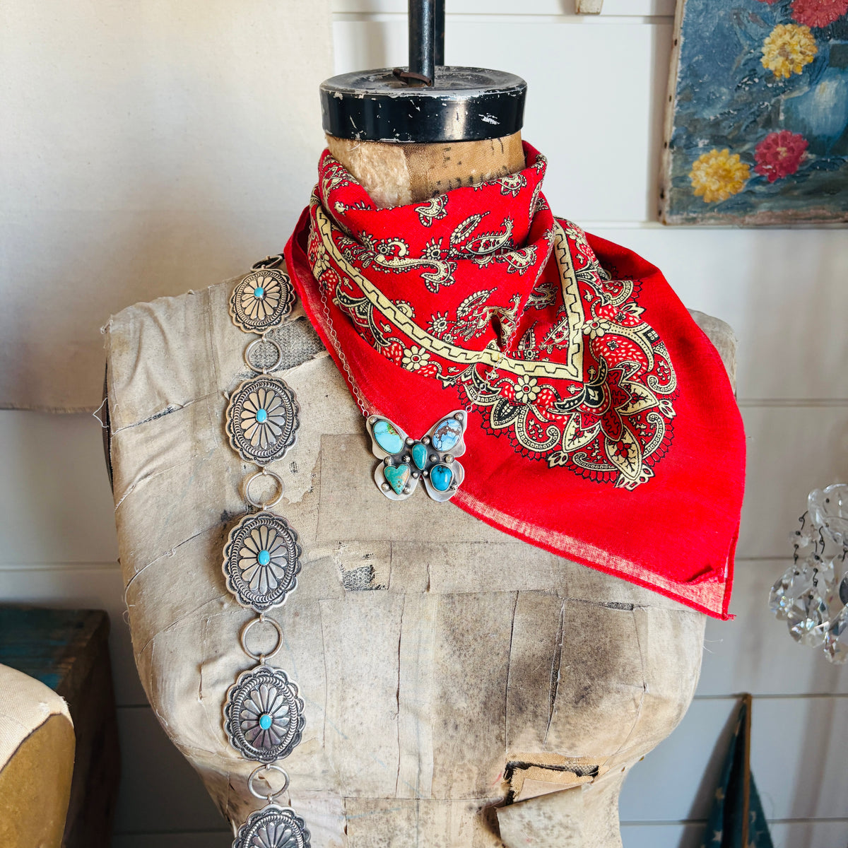 Navajo Freddy Platero Sterling Silver & Mixed Turquoise Cluster Butterfly Necklace