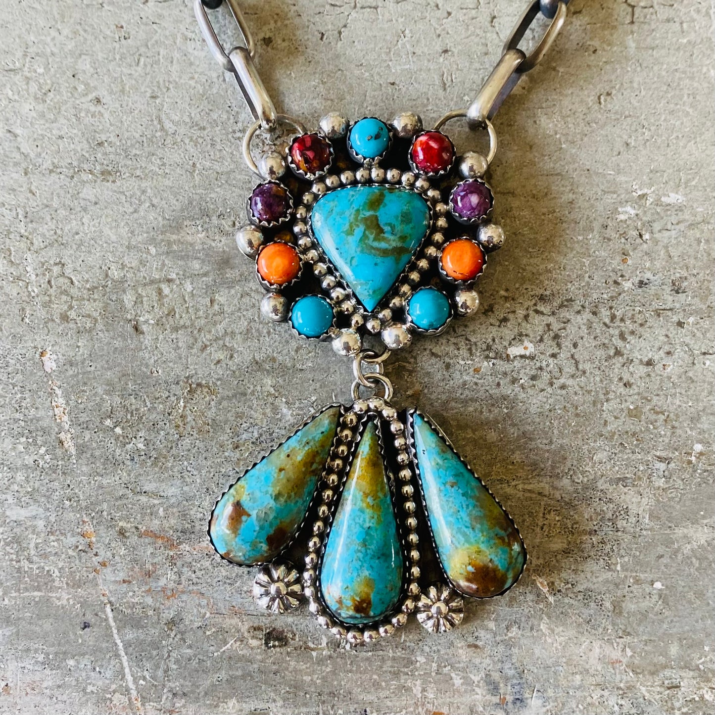 Navajo Lorenzo and Jerilyn Chee Sterling Silver Fiesta Necklace