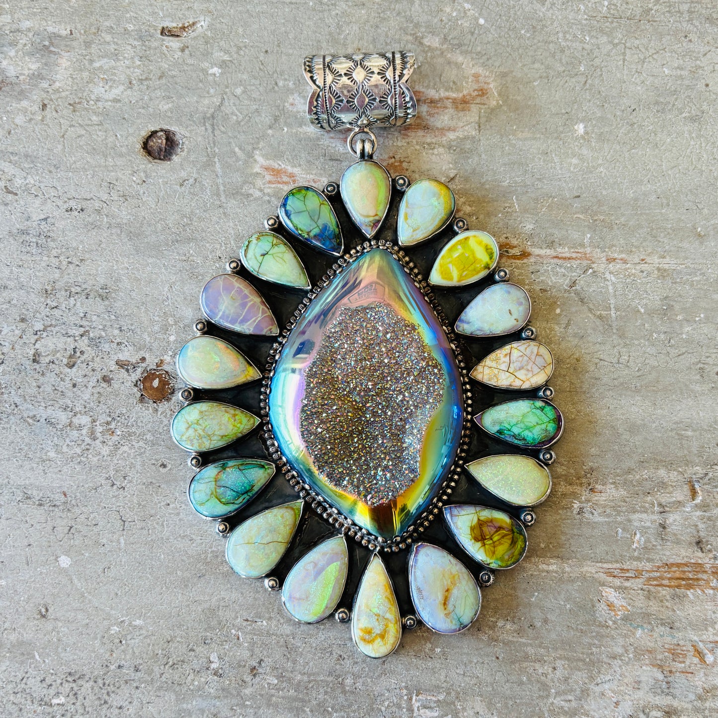Navajo Hemerson Brown Sterling Silver - Druzy & Lab Opal Pendant