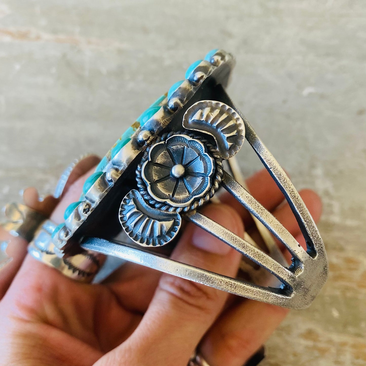 Navajo Kindale Billah Sterling Silver & Kingman Turquoise Cluster Floral Statement Cuff