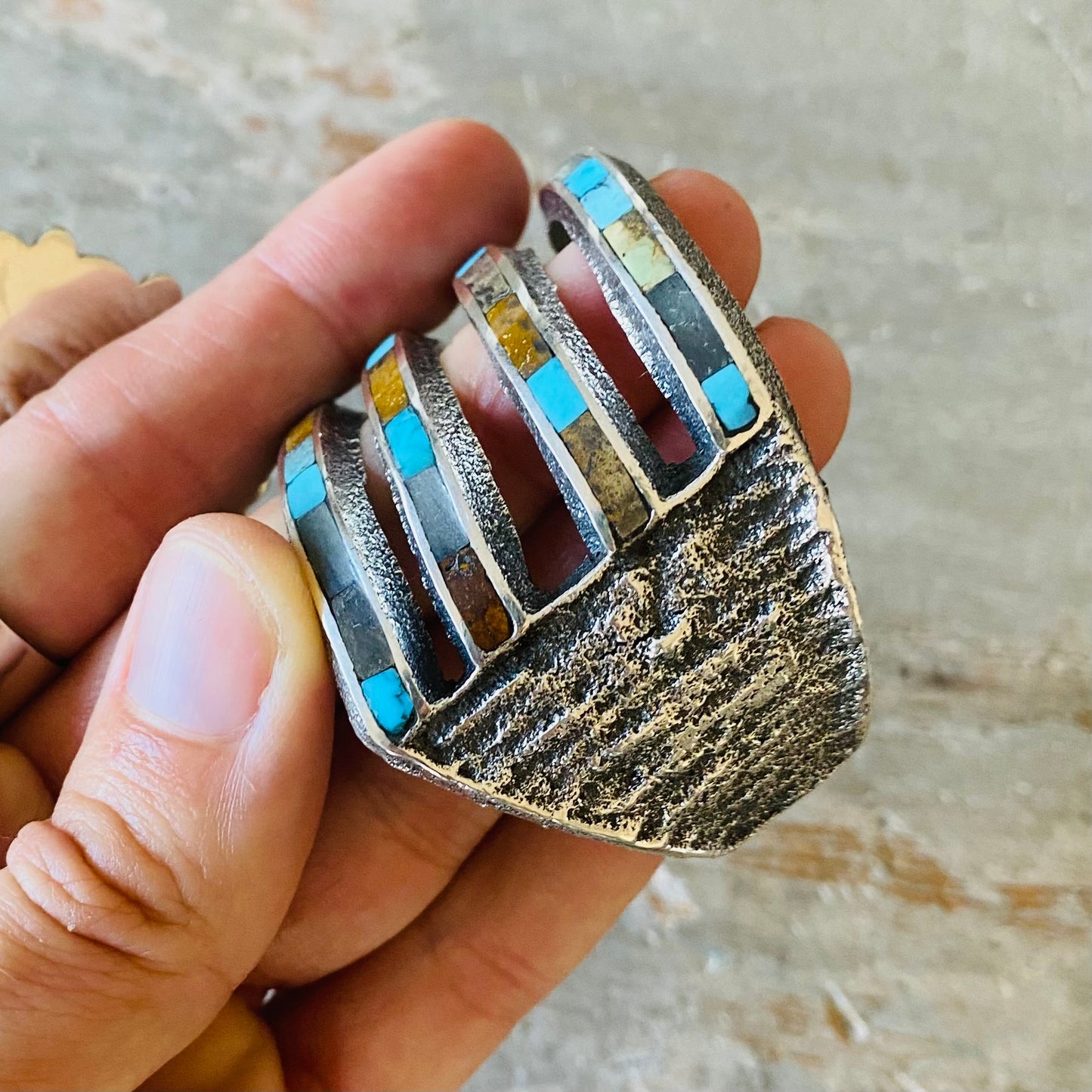 Navajo Lester James Sterling Silver - Turquoise & Sandstone Inlay Tufa Cast Cuff