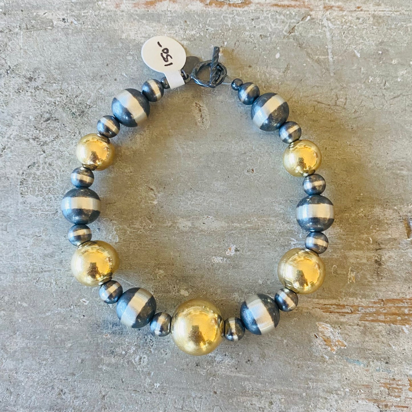 Native Strung Sterling Silver & 18k Gold Plated Machine Made Pearls Graduated Toggle Bracelet