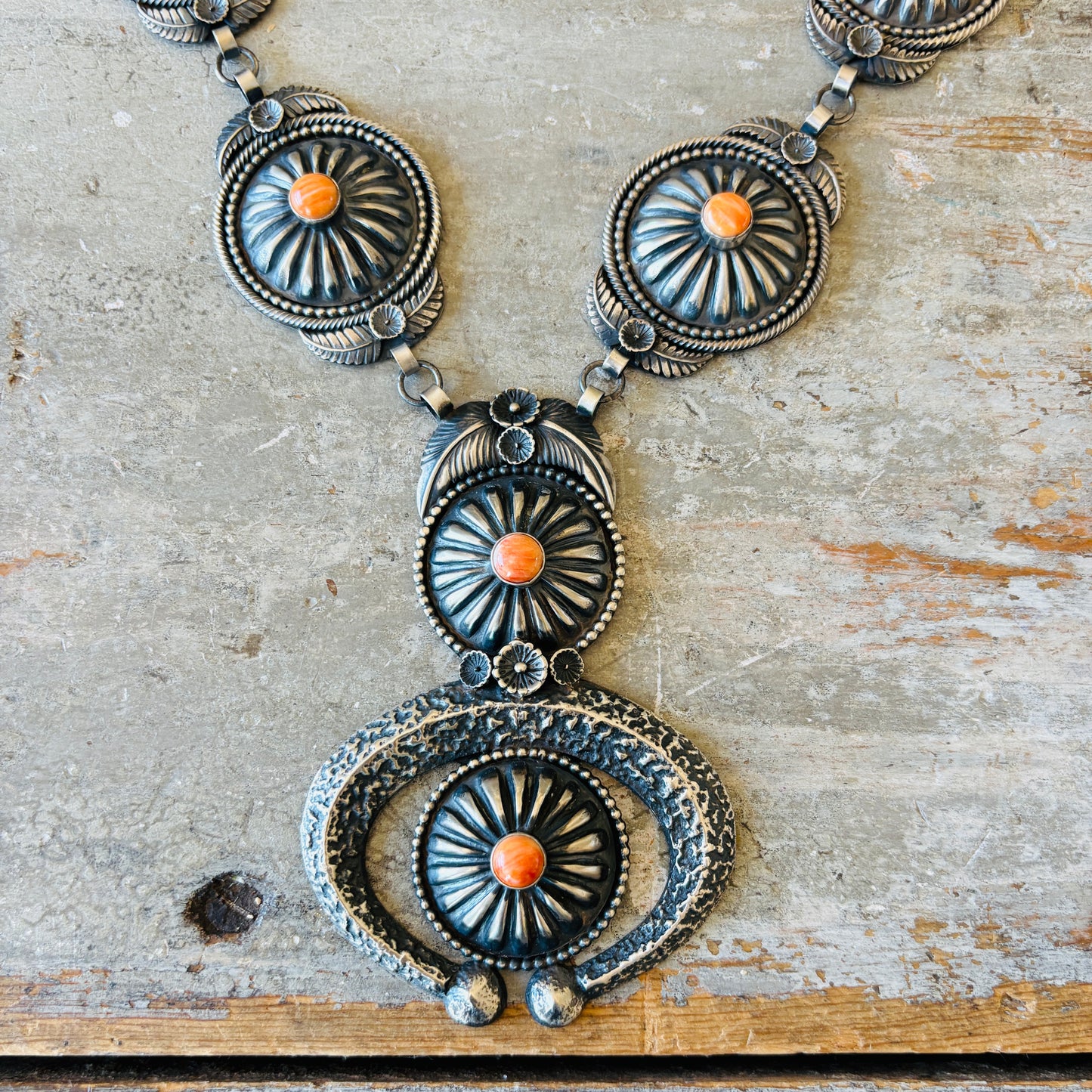 Navajo Hemerson Brown Sterling Silver & Orange Spiny Concho Naja Statement Necklace