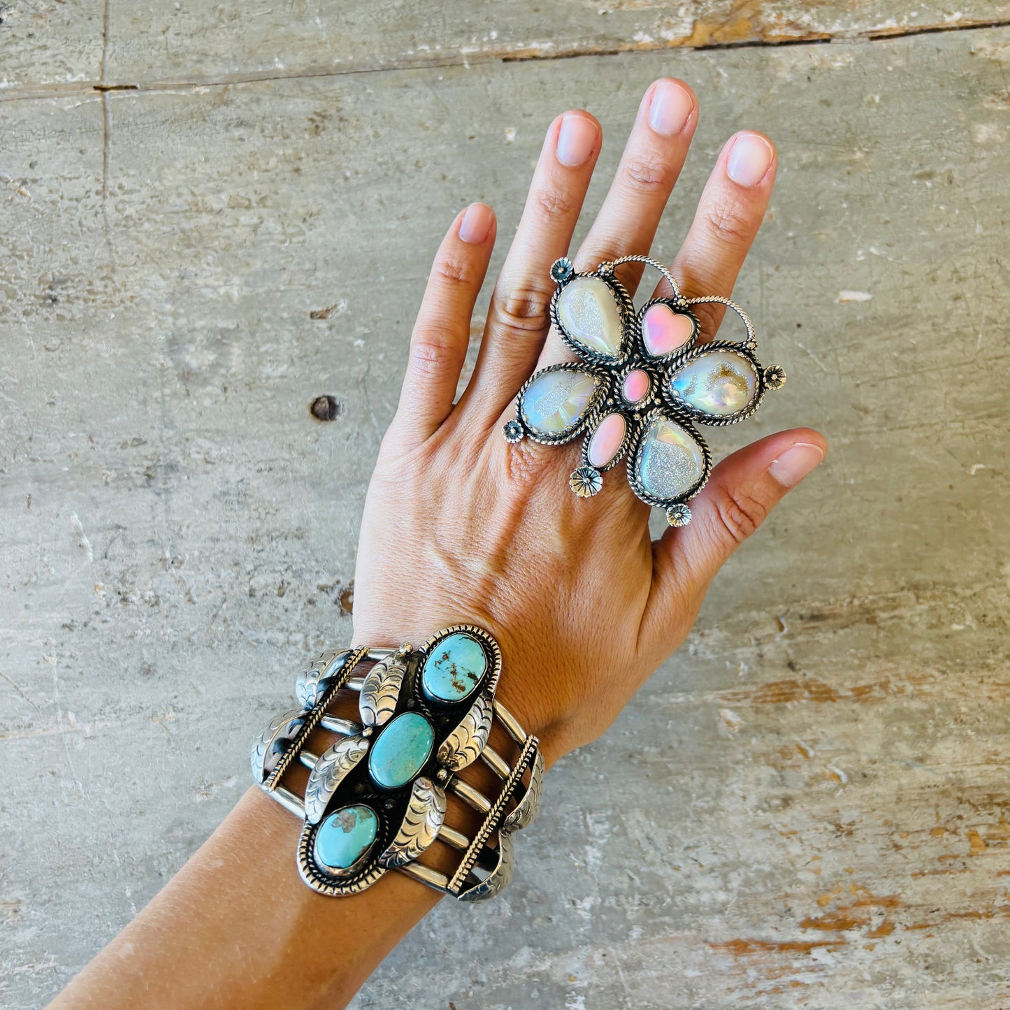 Navajo Hemerson Brown Sterling Silver - Pink Conch & Druzy Butterfly Ring