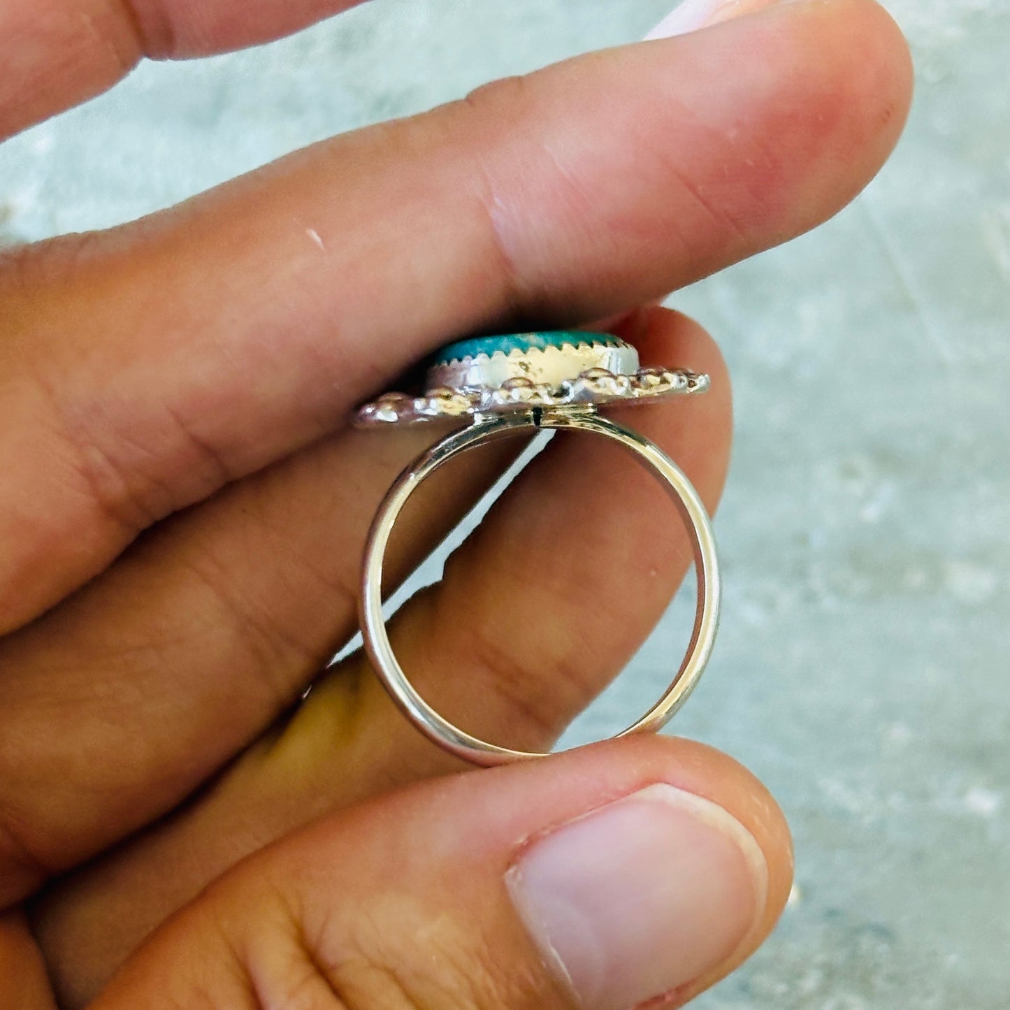 Navajo Renyold Begay Sterling Silver & Sonoran Mountain Turquoise Floral Ring