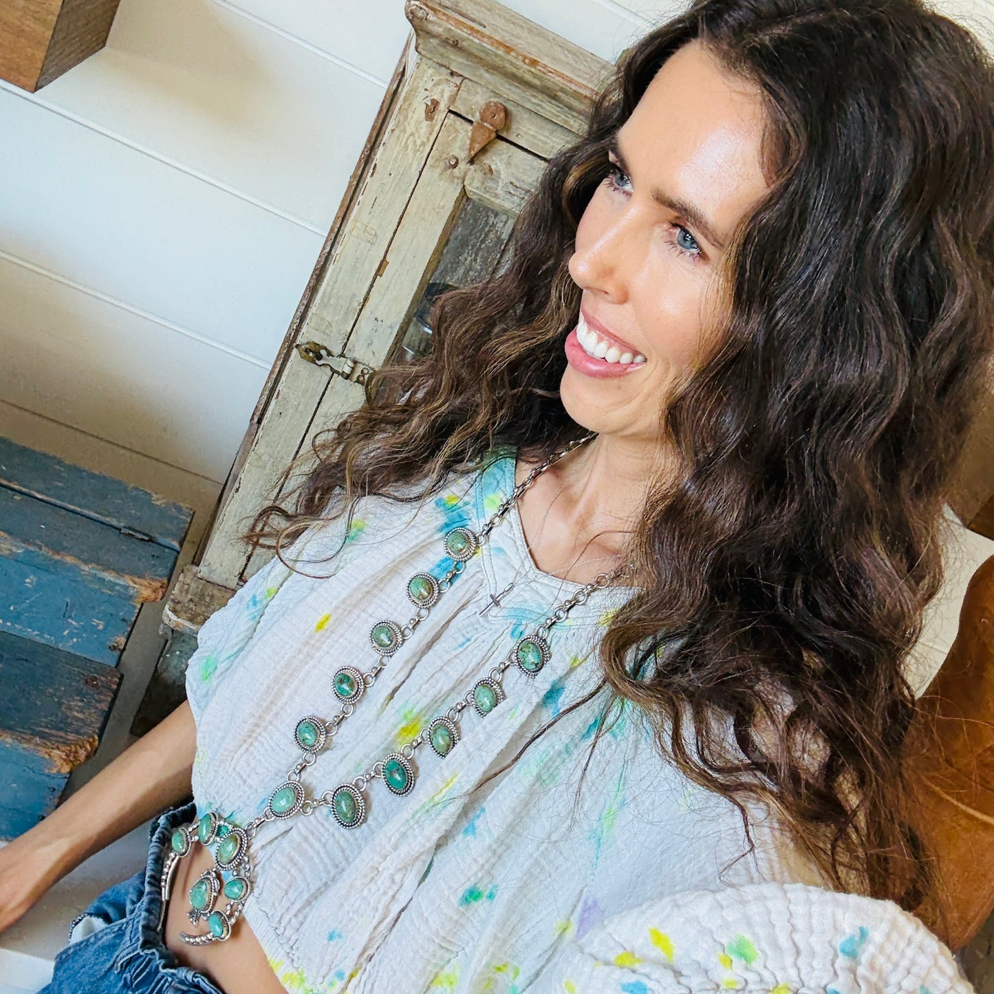 Navajo June Defauito Sterling Silver & Green Kingman Turquoise Squash Blossom Necklace & Earrings Set