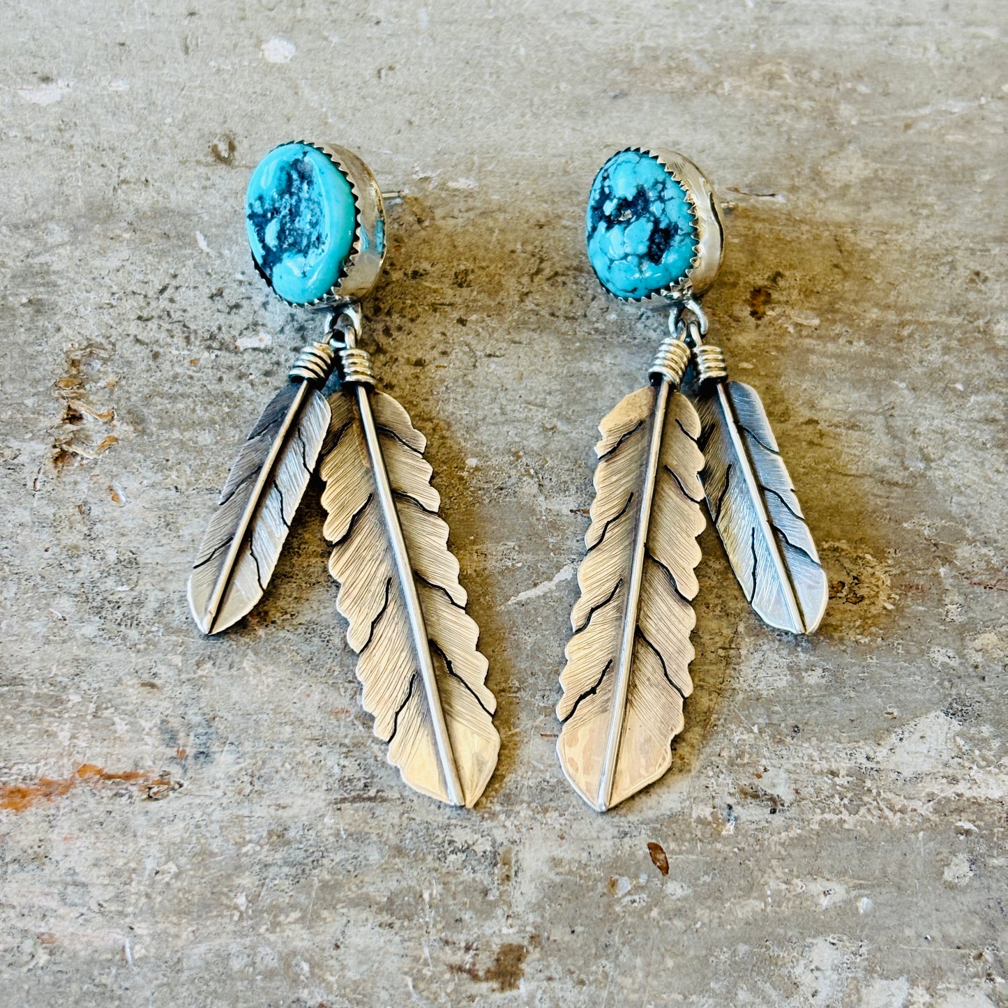 Navajo Lydia Begay Sterling Silver & Kingman Feather Earrings