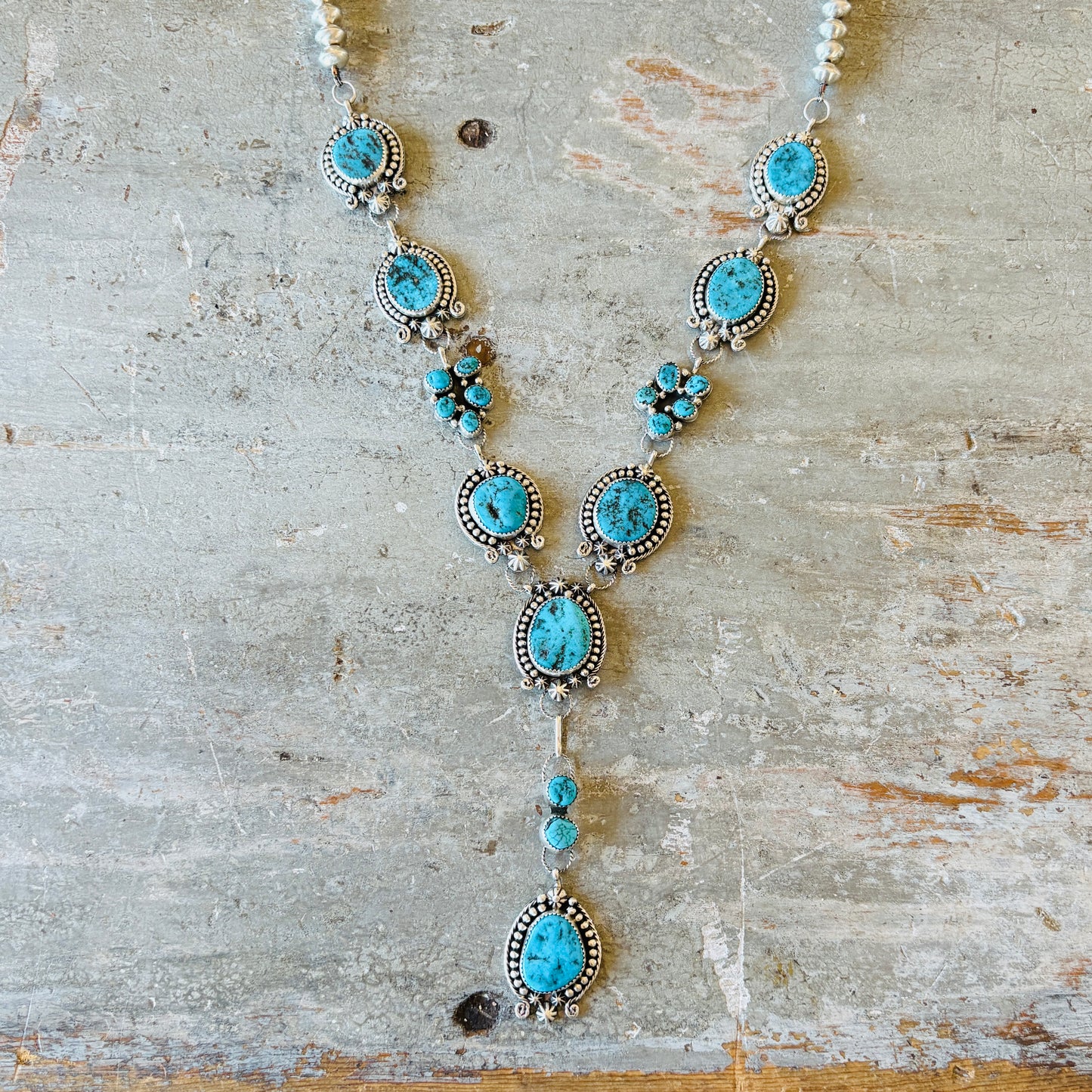 Navajo Signed Sterling Silver & Kingman Turquoise Lariat