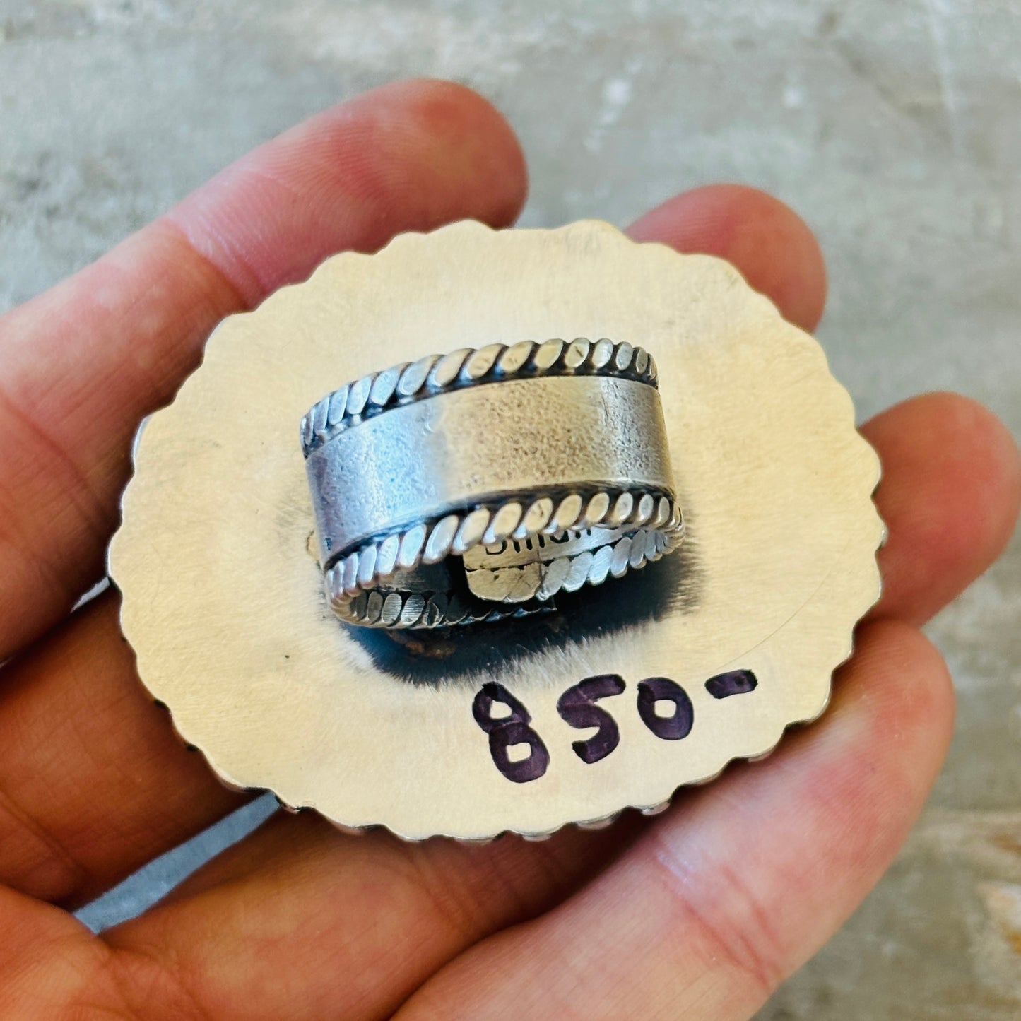 Navajo Kindale Billah Sterling Silver & Campitos Turquoise Canoe Ring
