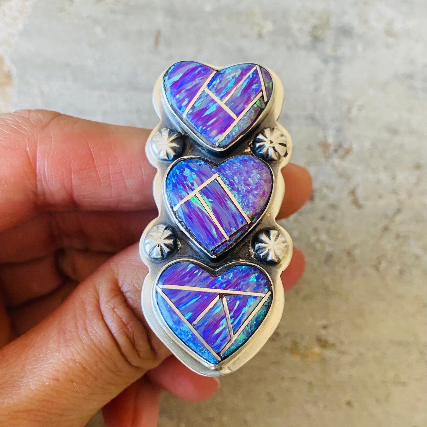 Navajo Signed Sterling Silver & Purple Blue Lab Opal Hearts Ring