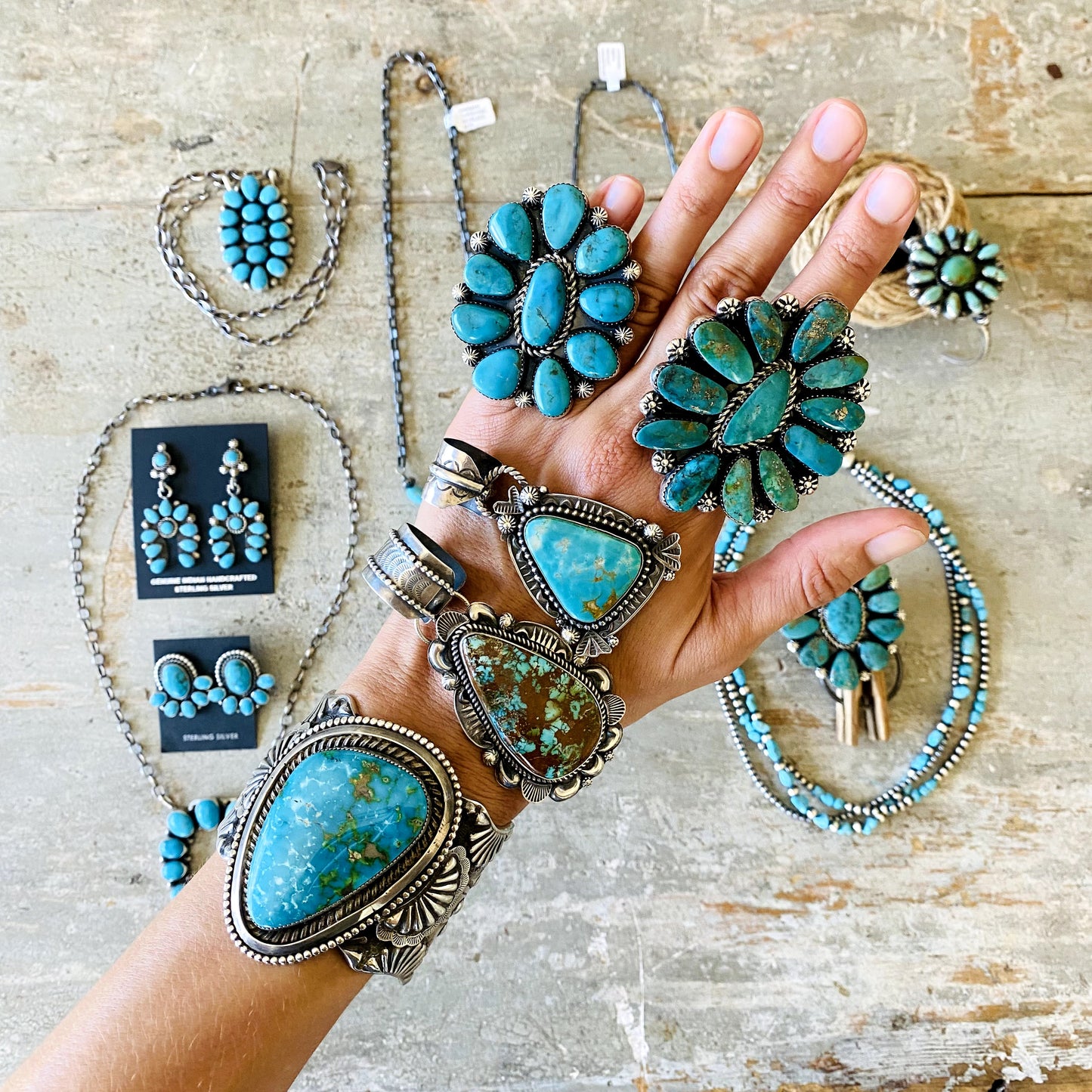 Navajo Lorenzo Jerilyn Chee Sterling Silver & Kingman Turquoise Cluster Ring