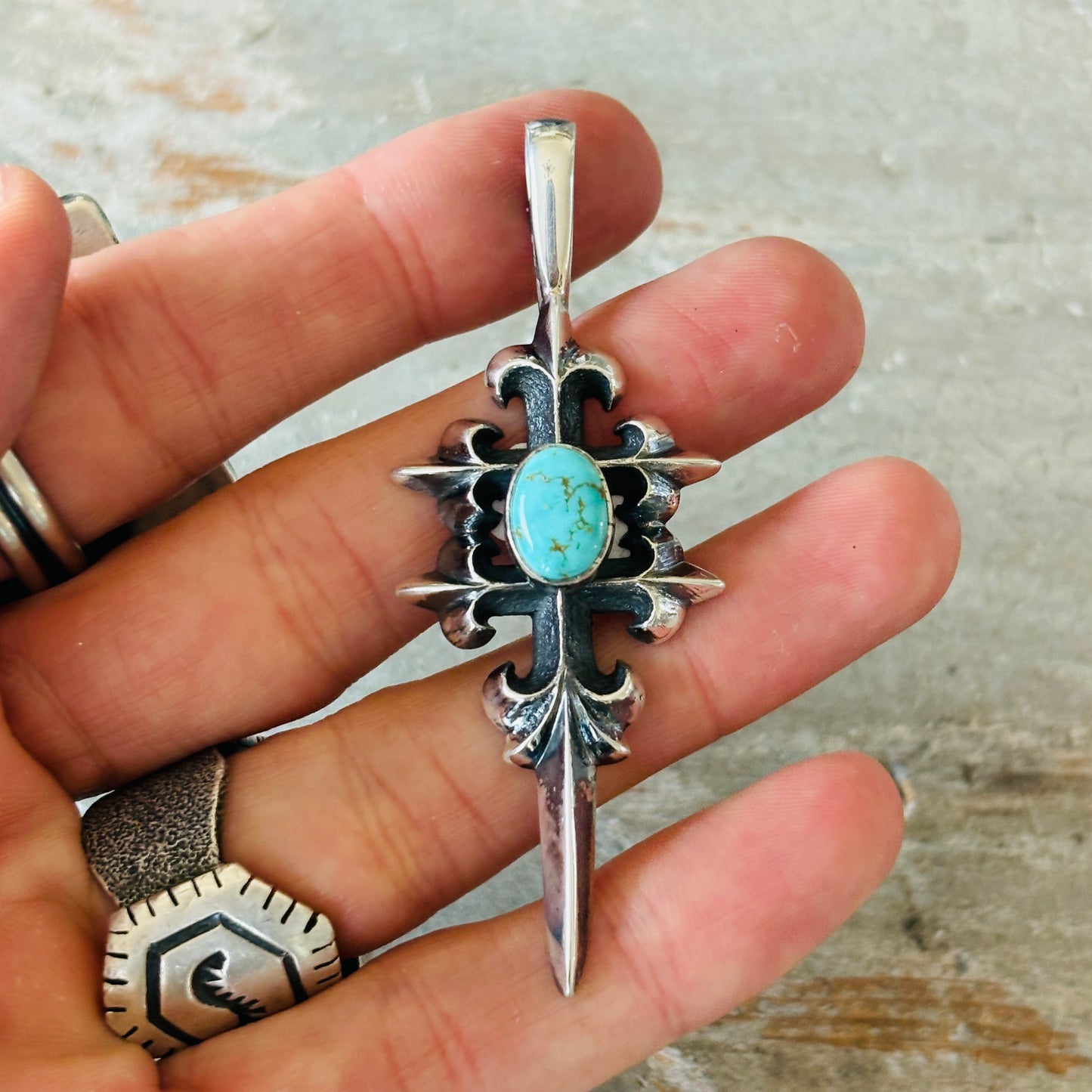 Navajo Floyd Parkhurst Sterling Silver & Carico Lake Turquoise Tufa Cast Pendant