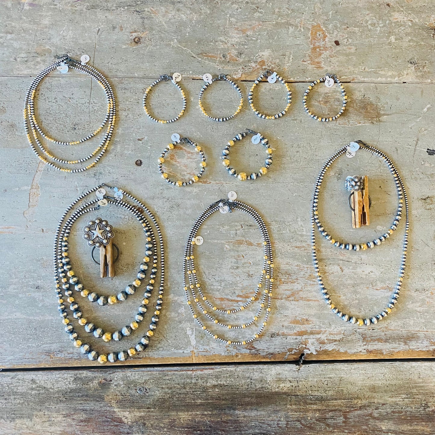 Native Strung Sterling Silver & 18k Gold Plated Alternating 3mm - 6mm Machine Made Pearls Necklace