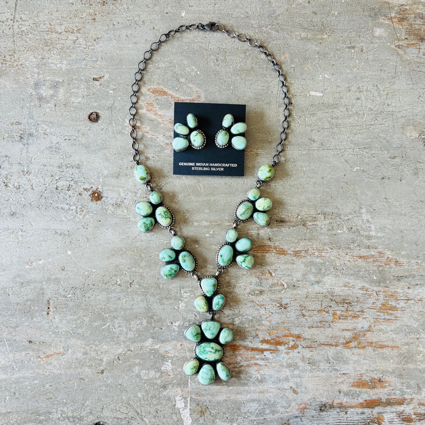 Navajo Pansy Johnson Sterling Silver & Carico Lake Turquoise Lariat Necklace Set