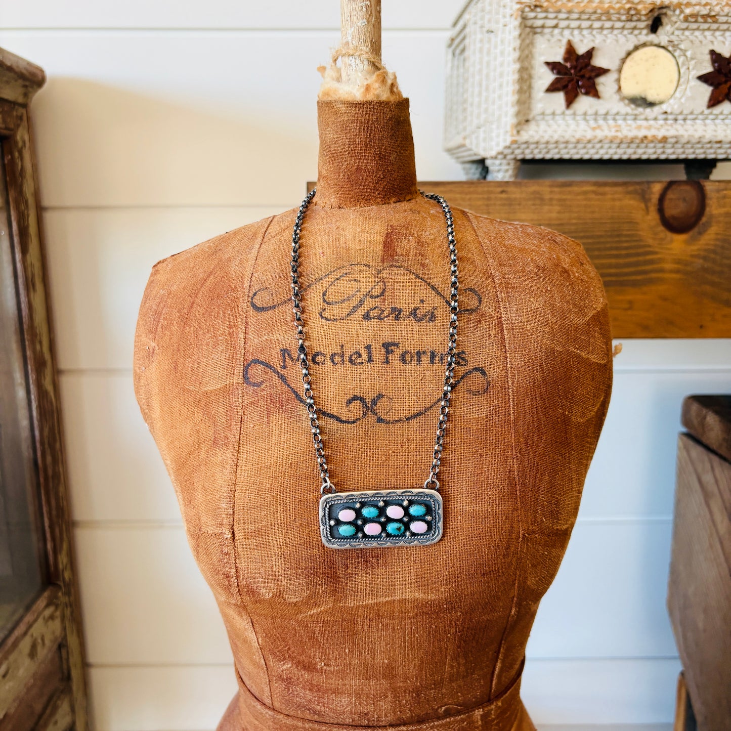 Navajo Russell Sam Sterling Silver - Pink Conch & Turquoise Bar Necklace