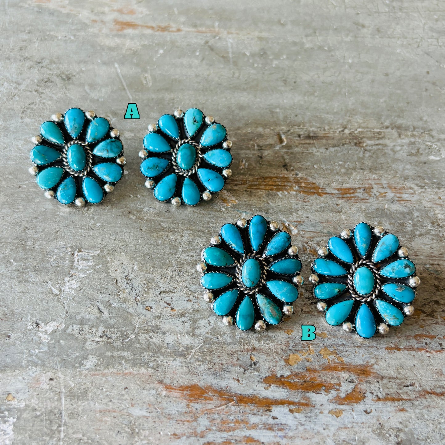 Navajo Lorenzo & Jerilyn Chee Sterling Silver & Kingman Cluster Earrings