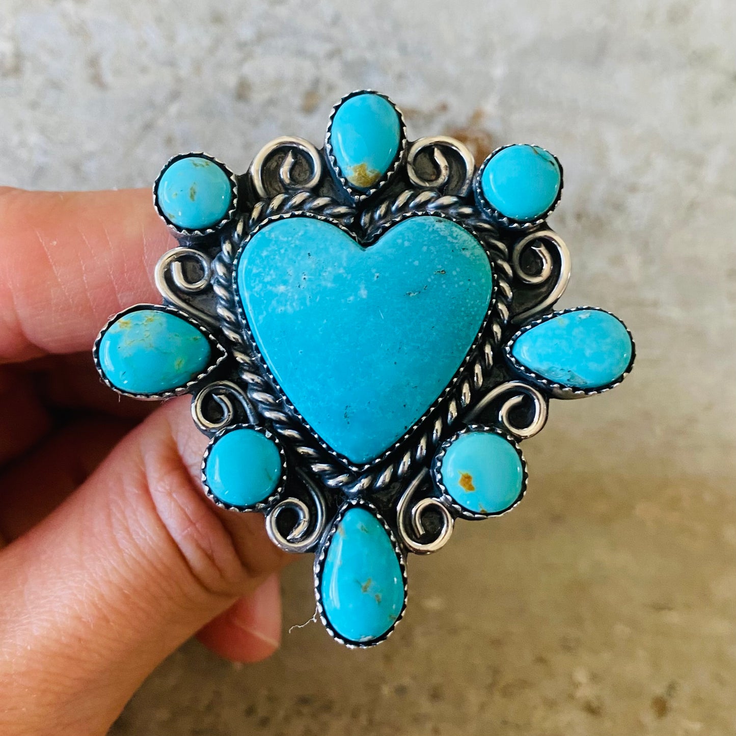 Navajo Lorenzo & Jerilyn Chee Sterling Silver & Campitos Turquoise Heart Ring