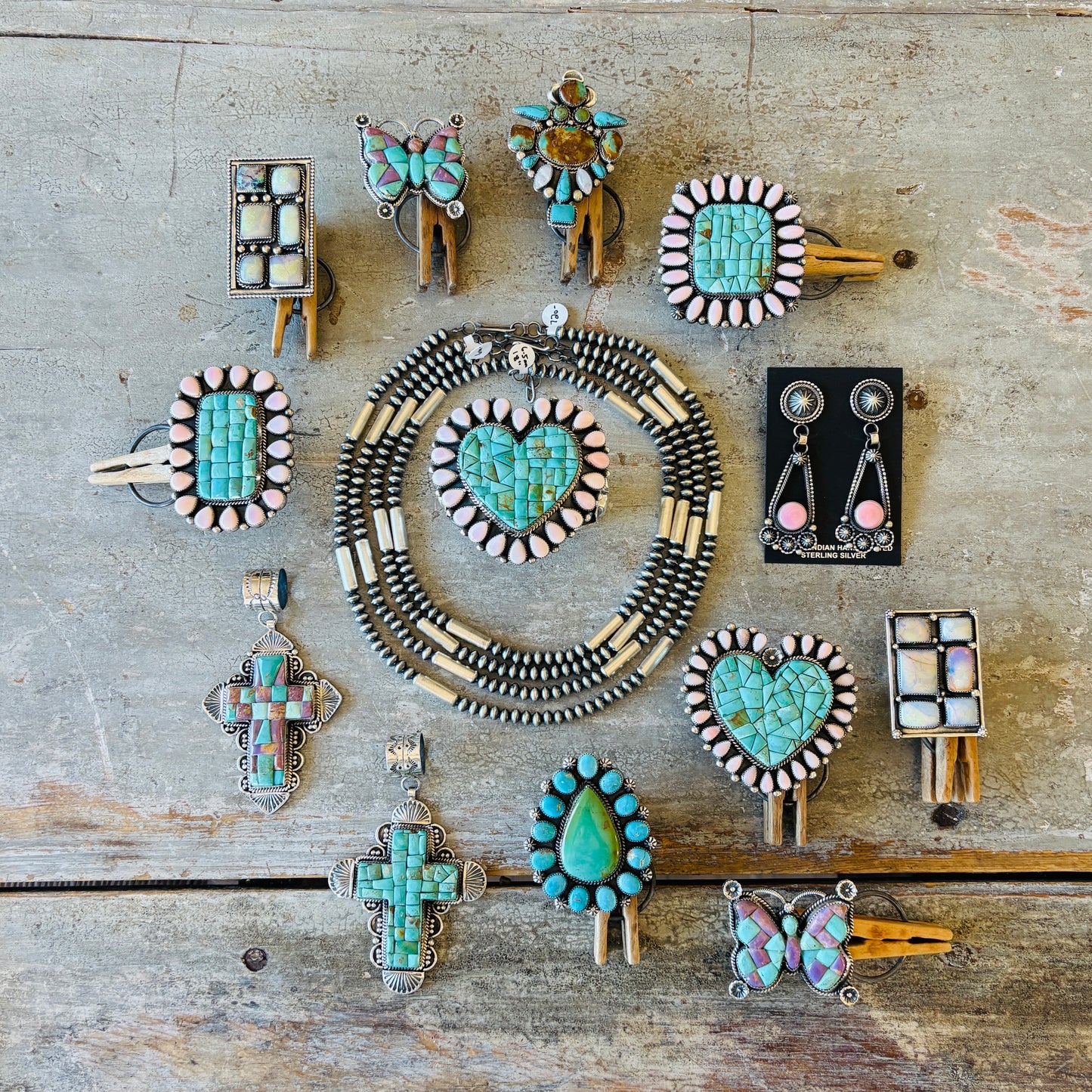 Navajo Hemerson Brown Sterling Silver - Phosphosiderite & Kingman Turquoise Cobblestone Cross