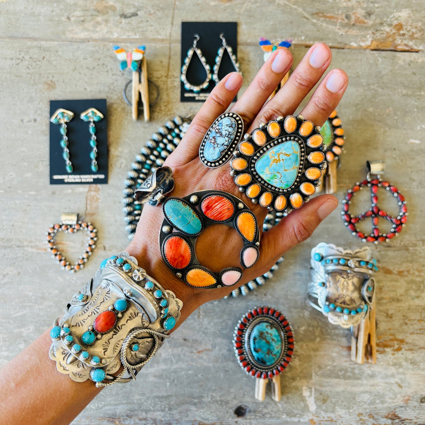 Navajo Dustin Francisco Sterling Silver - Orange Spiny Oyster & Royston Turquoise Cluster Ring