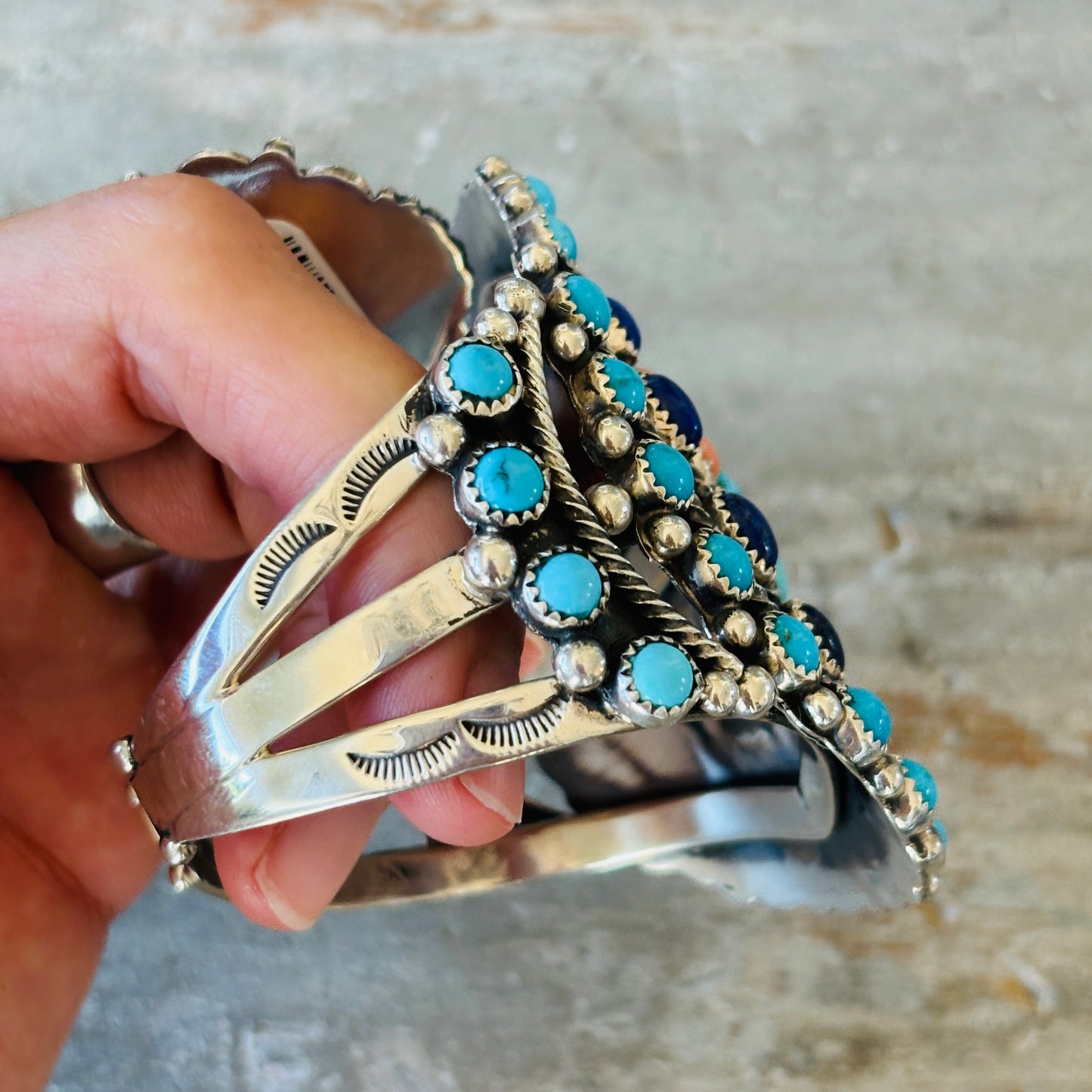 Navajo Lily Kee Sterling Silver Multi Stone Cluster Cuff