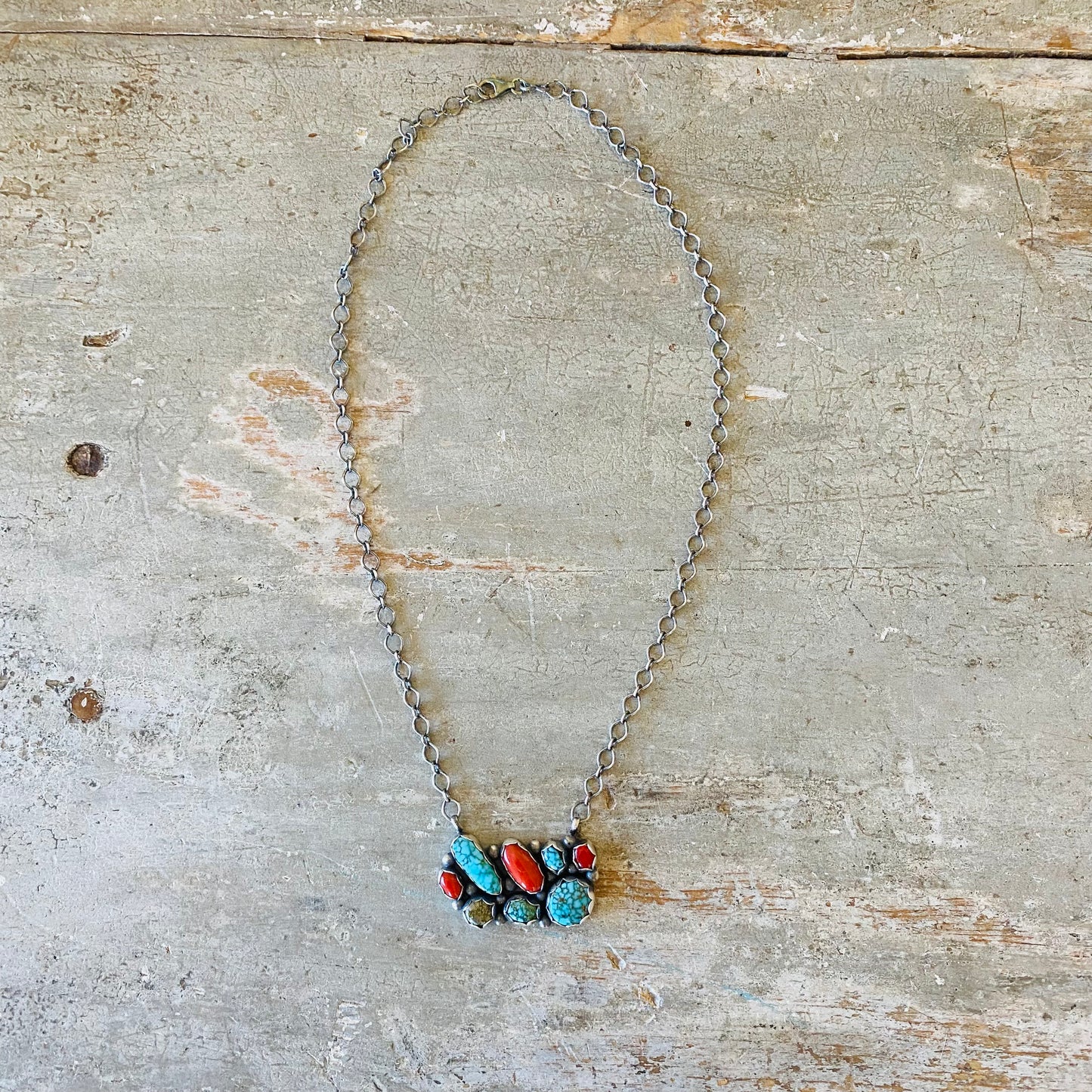 Navajo Dave Skeets Sterling Silver Red Coral & Turquoise Necklace