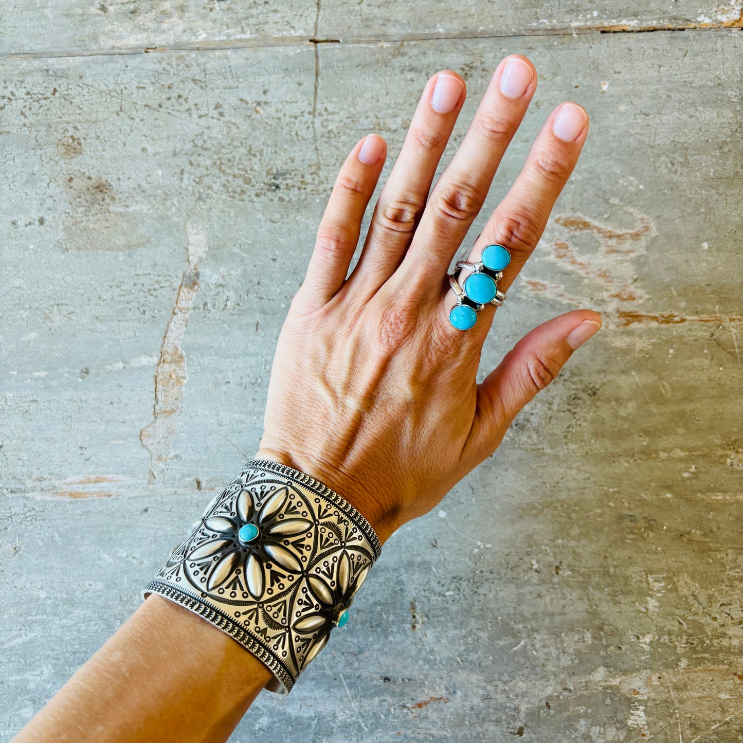 Navajo Mildred Parkhurst Sterling Silver & Blue Ridge Three Stone Turquoise Ring